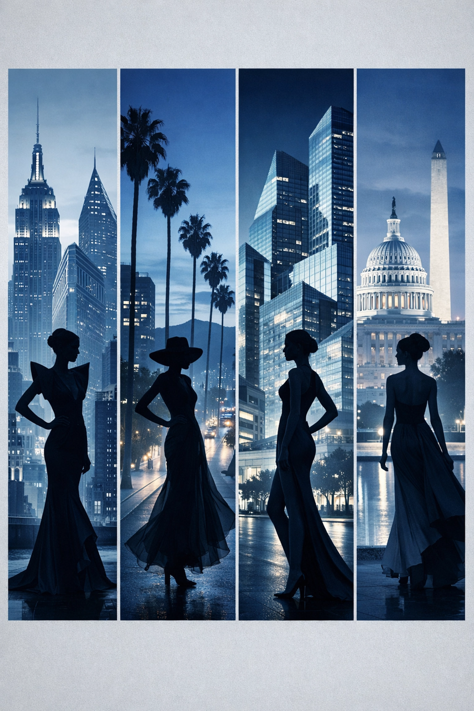 Four city skylines showing Fashion Week presence in NYC, LA, Dallas, and Washington DC