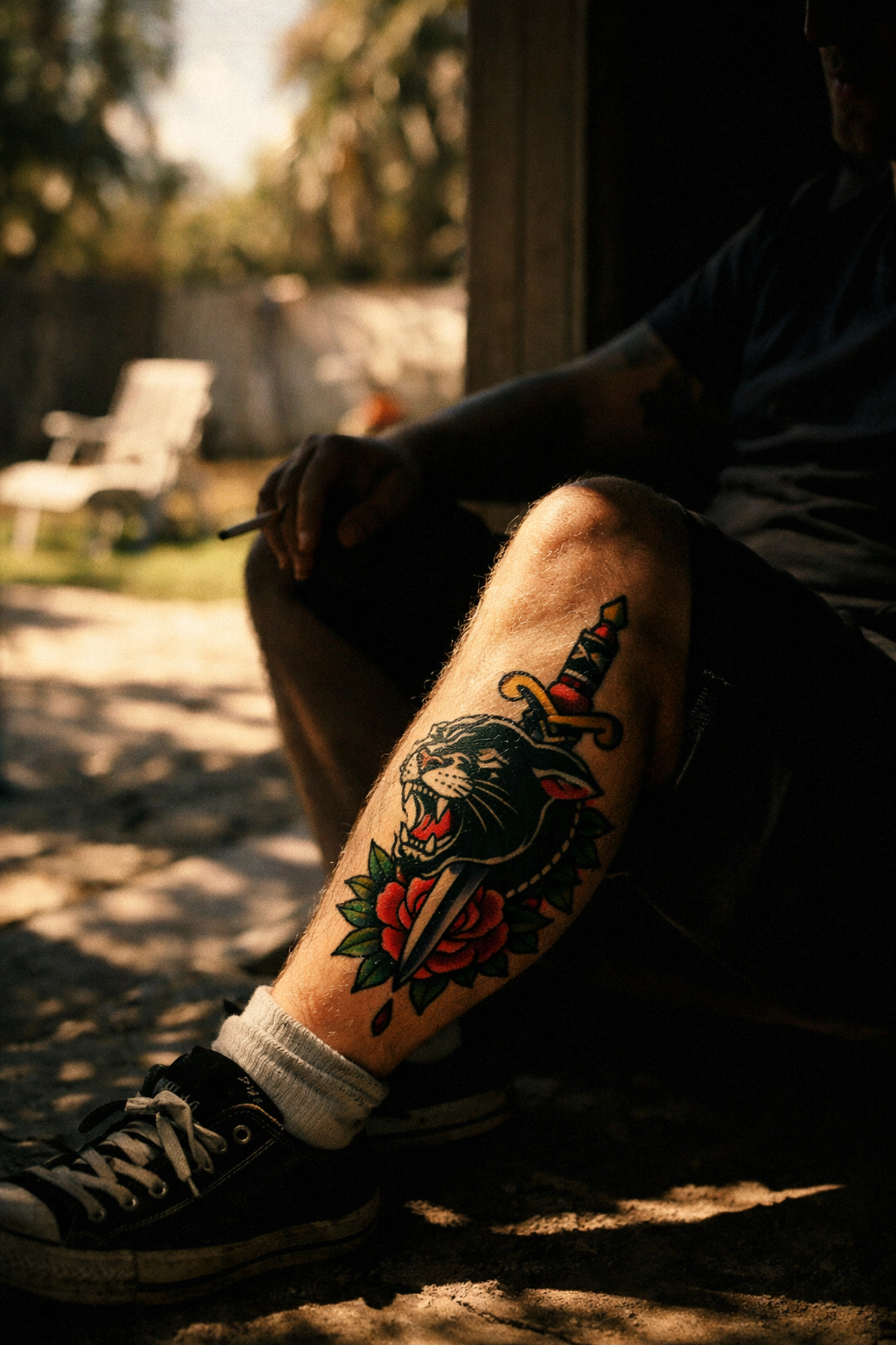 Protecting a healing leg tattoo from direct sunlight to maintain ink vibrancy and follow aftercare instructions.