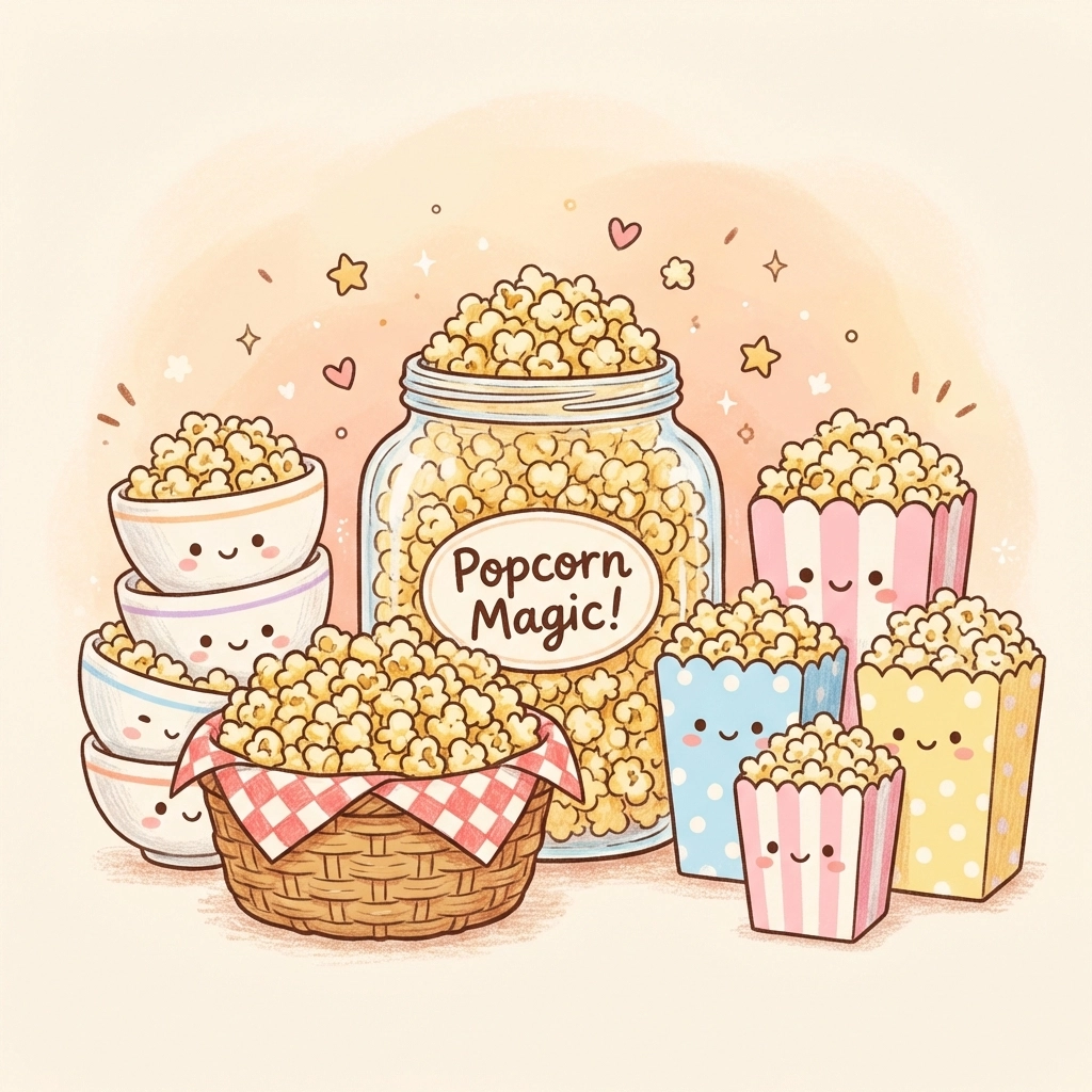 Assorted cute containers filled with gourmet popcorn, perfect for a DIY popcorn bar and allergy-friendly snacks.