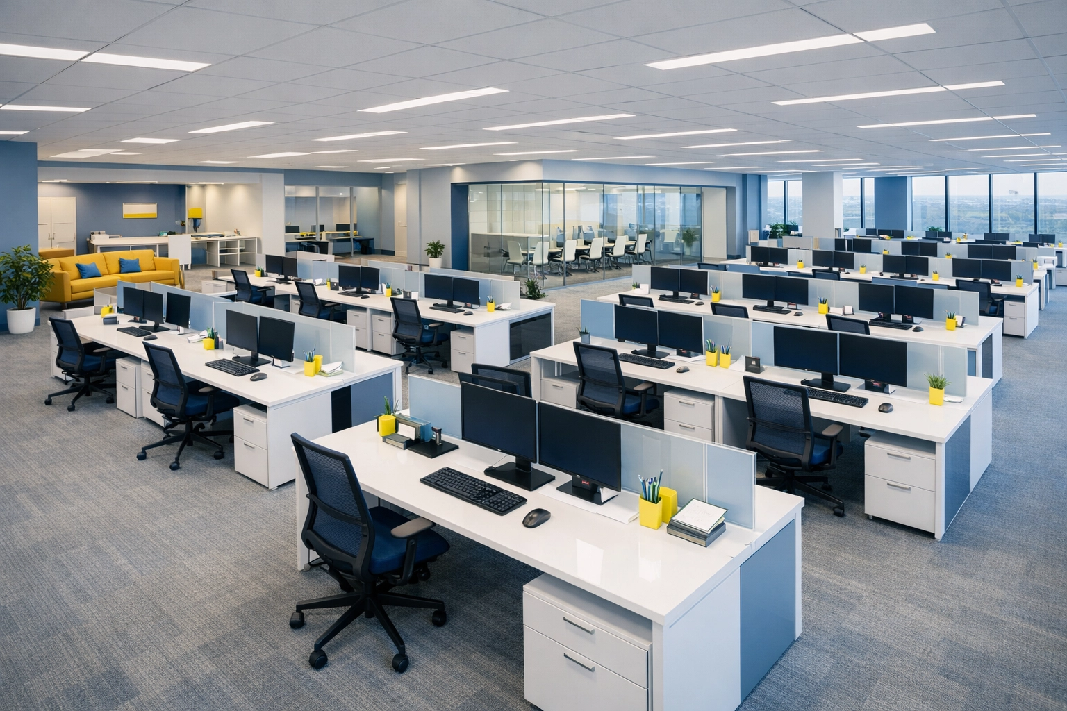 Clean modern corporate office with rows of sanitized white desks and organized workstations.