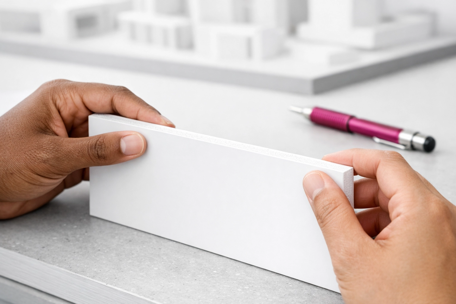 Precision CNC machining on a white recycled plastic panel showing workability for building.