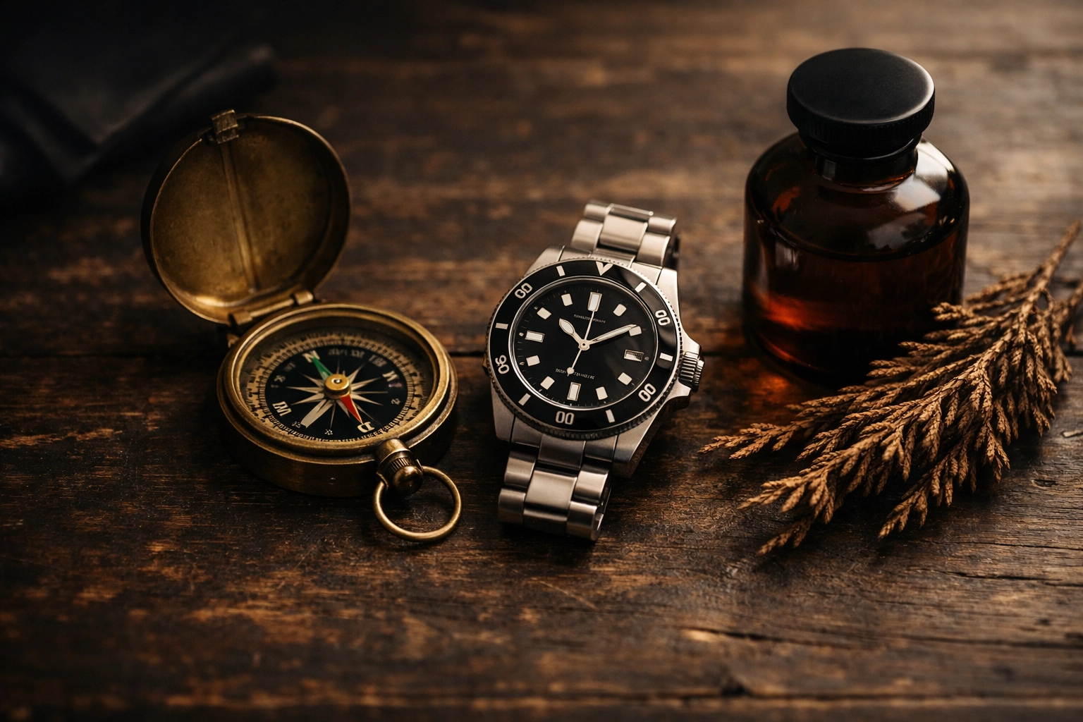 Masculine flat-lay with beard oil and outdoor essentials representing the Wild West Collection scents.