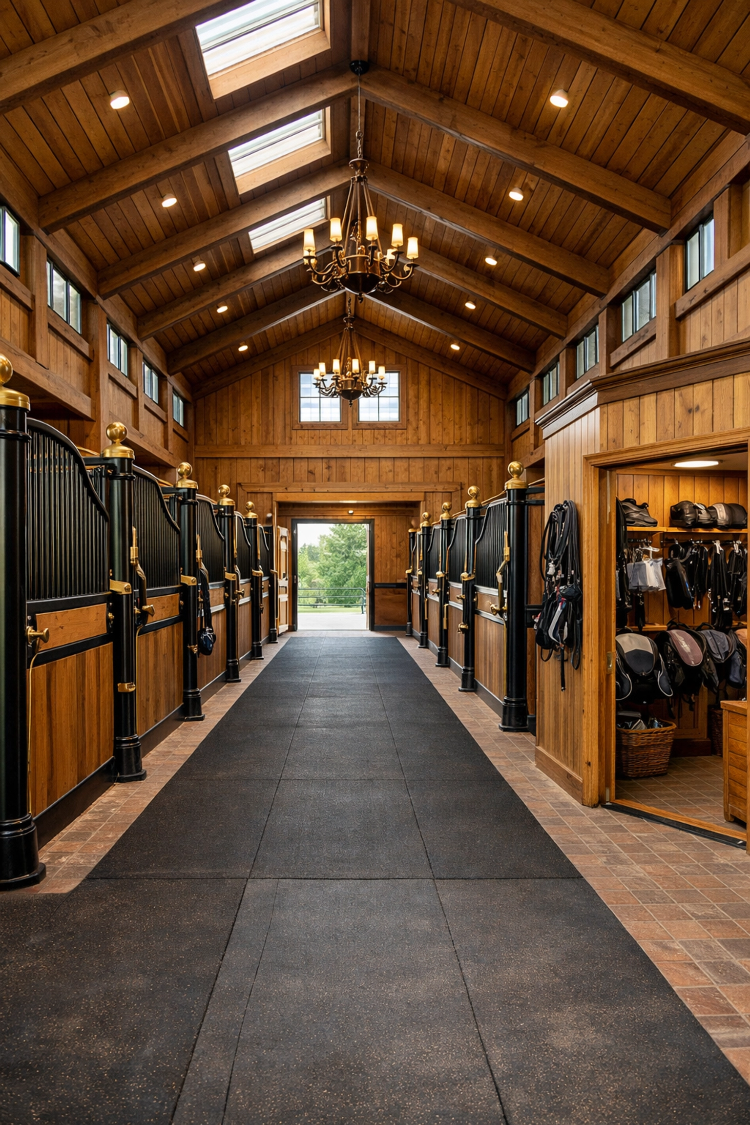 Center aisle barn interior showing organized stalls and tack room in equestrian property