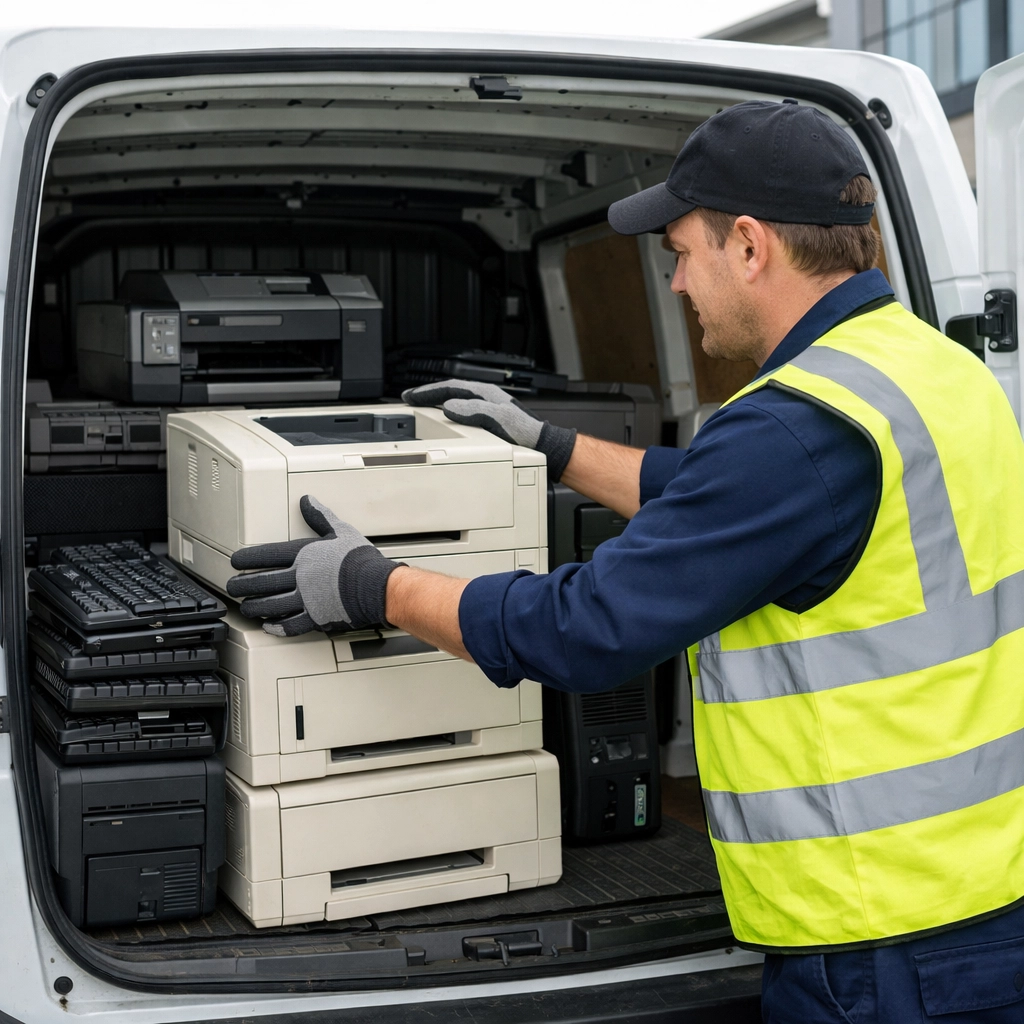 Professional WEEE collection of old printers and keyboards from a Northamptonshire office for recycling.