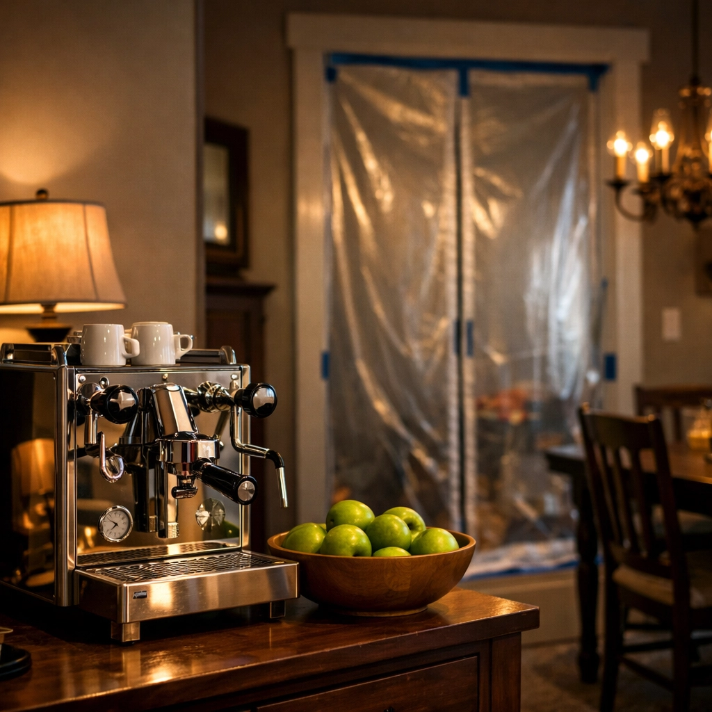 Temporary kitchen and living space setup in a dining room during a home renovation project.