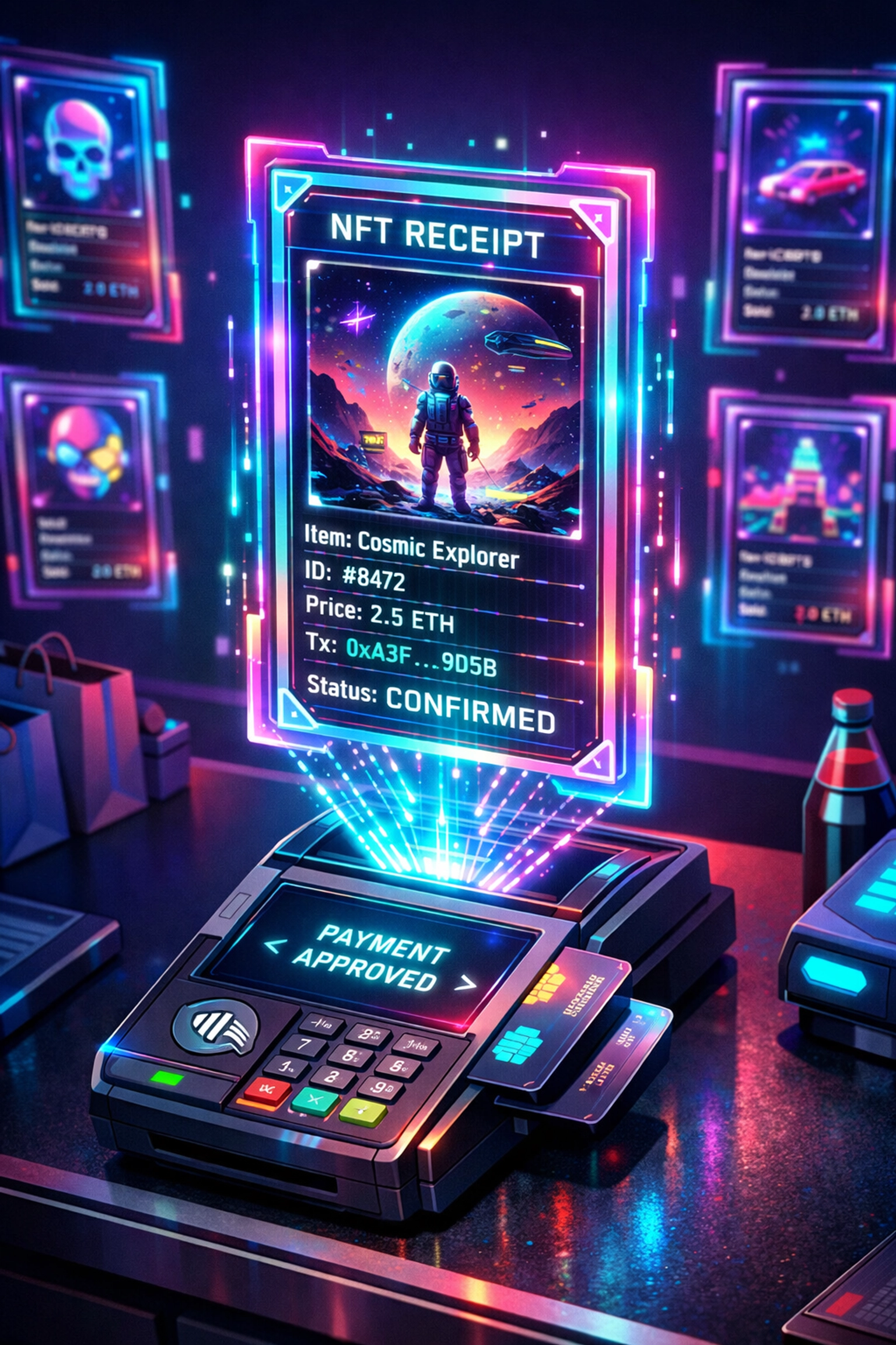 NFT receipt at crypto POS terminal showing blockchain transaction verification