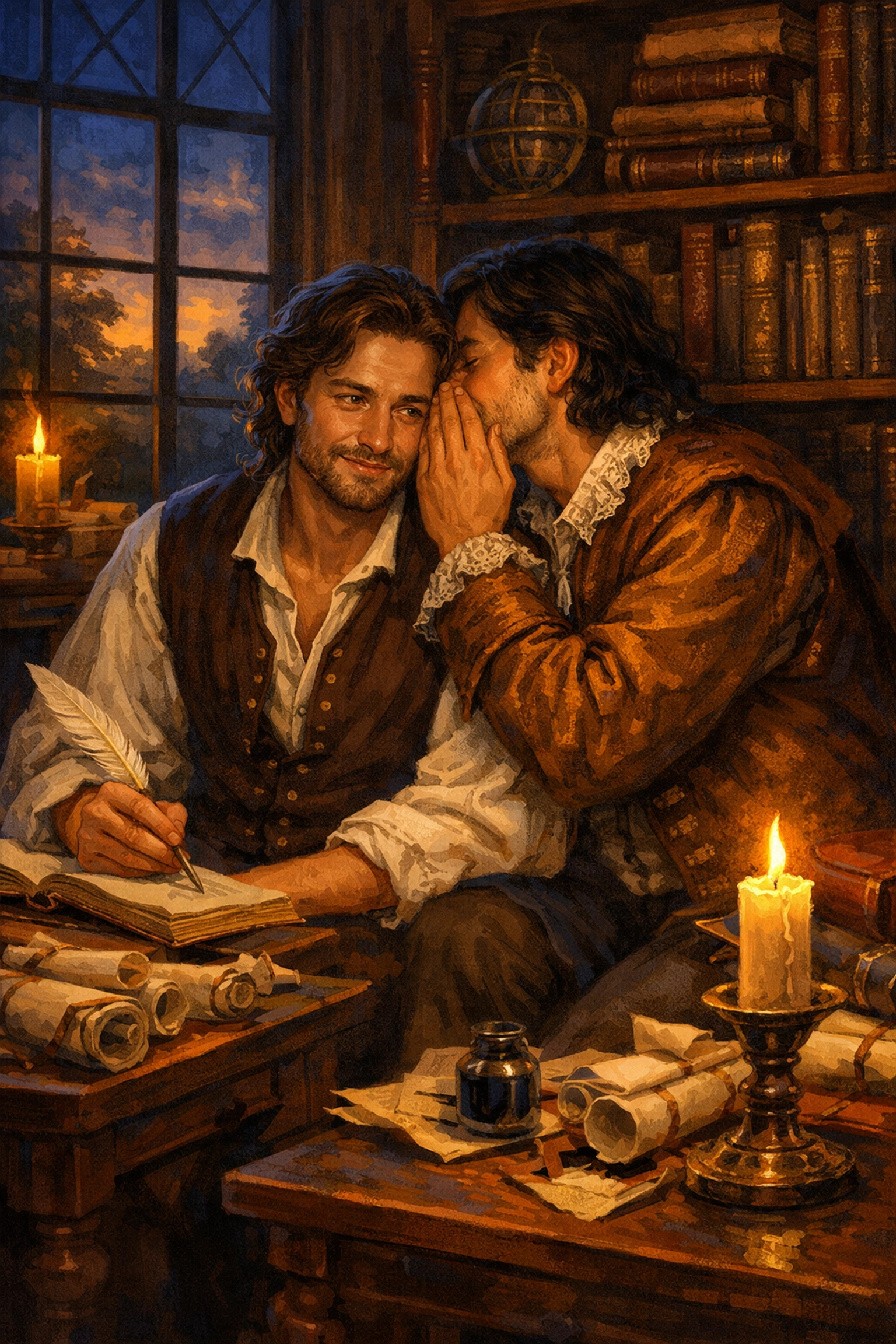 Two men whispering in a 17th-century scriptorium surrounded by books, capturing the emotional depth of gay romance novels.