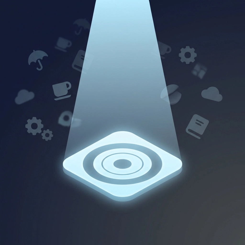 Minimalist spotlight on a target surrounded by unfocused icons, symbolizing clarity and focused affiliate product promotion.