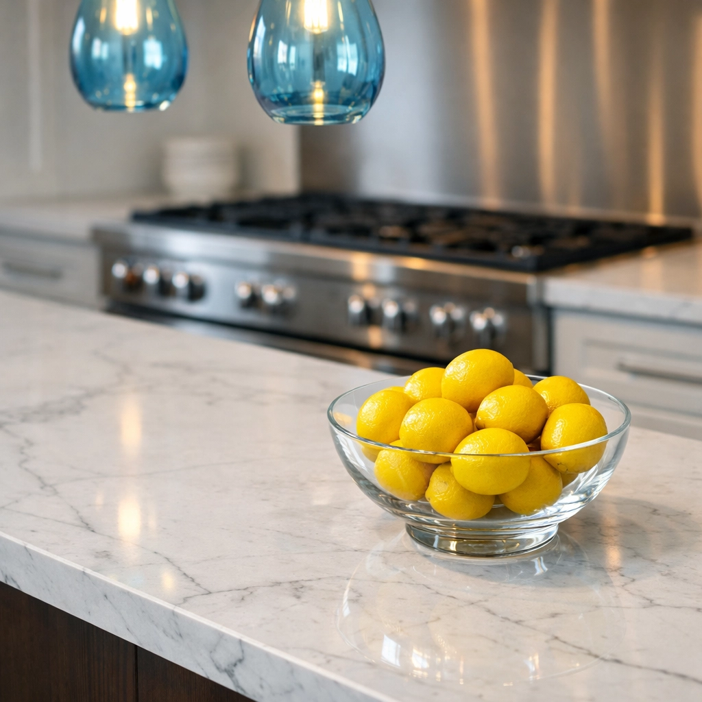 Spotless white marble kitchen island showing the precision of a weekly house cleaning in Winchester.