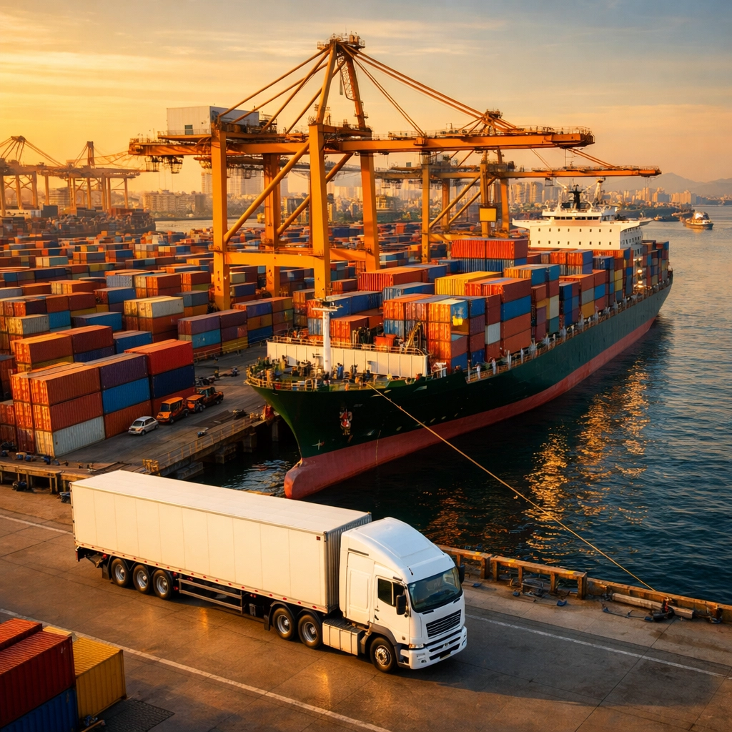International cargo port with shipping containers being loaded for freight delivery