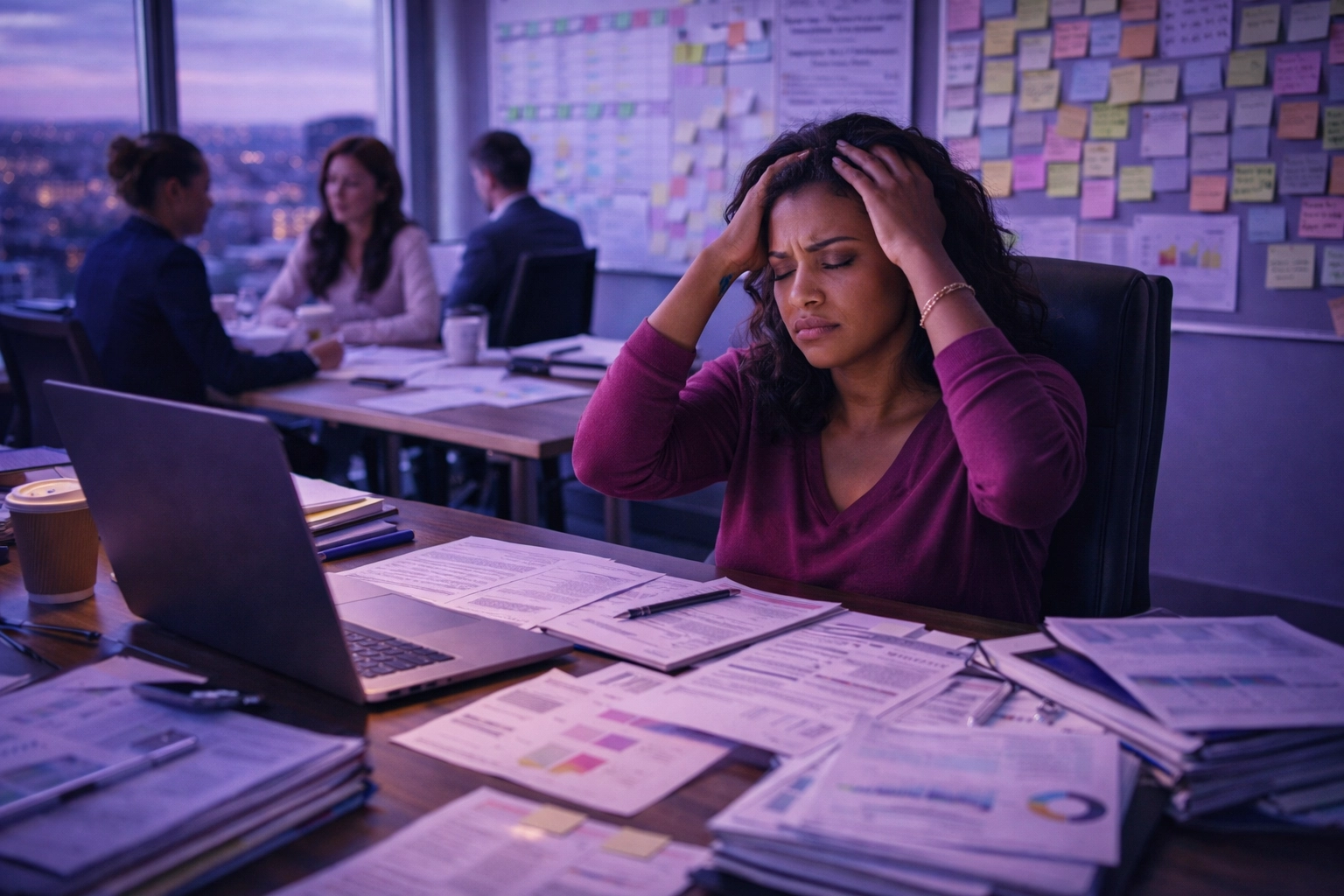 Overwhelmed woman of color founder working late at a desk in a modern office, natural lighting with subtle purple tones, showing startup burnout and scrappy ceiling challenges