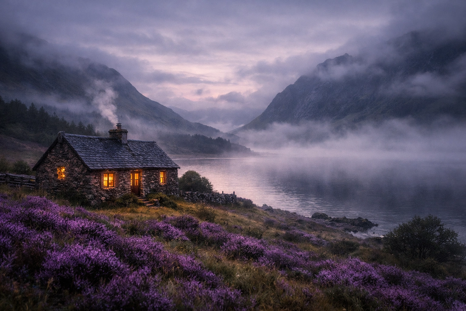 Remote stone cottage beside misty loch in Scottish Highlands with heather-covered hills at dawn