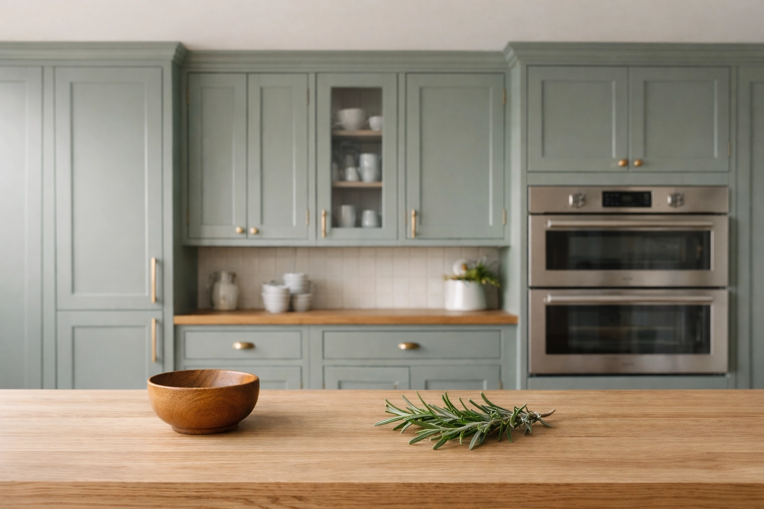 Modern kitchen cabinet spraying featuring a soft dusty sage green bespoke finish.