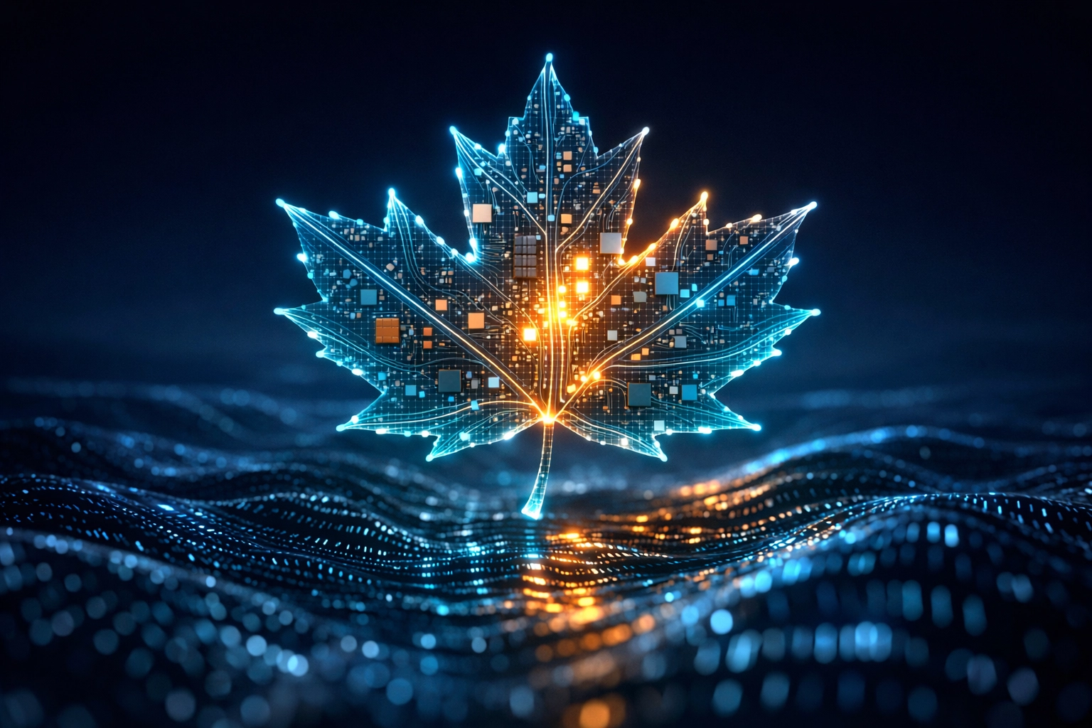 Digital maple leaf with circuitry symbolizing Canada’s new framework for regulated stablecoins.