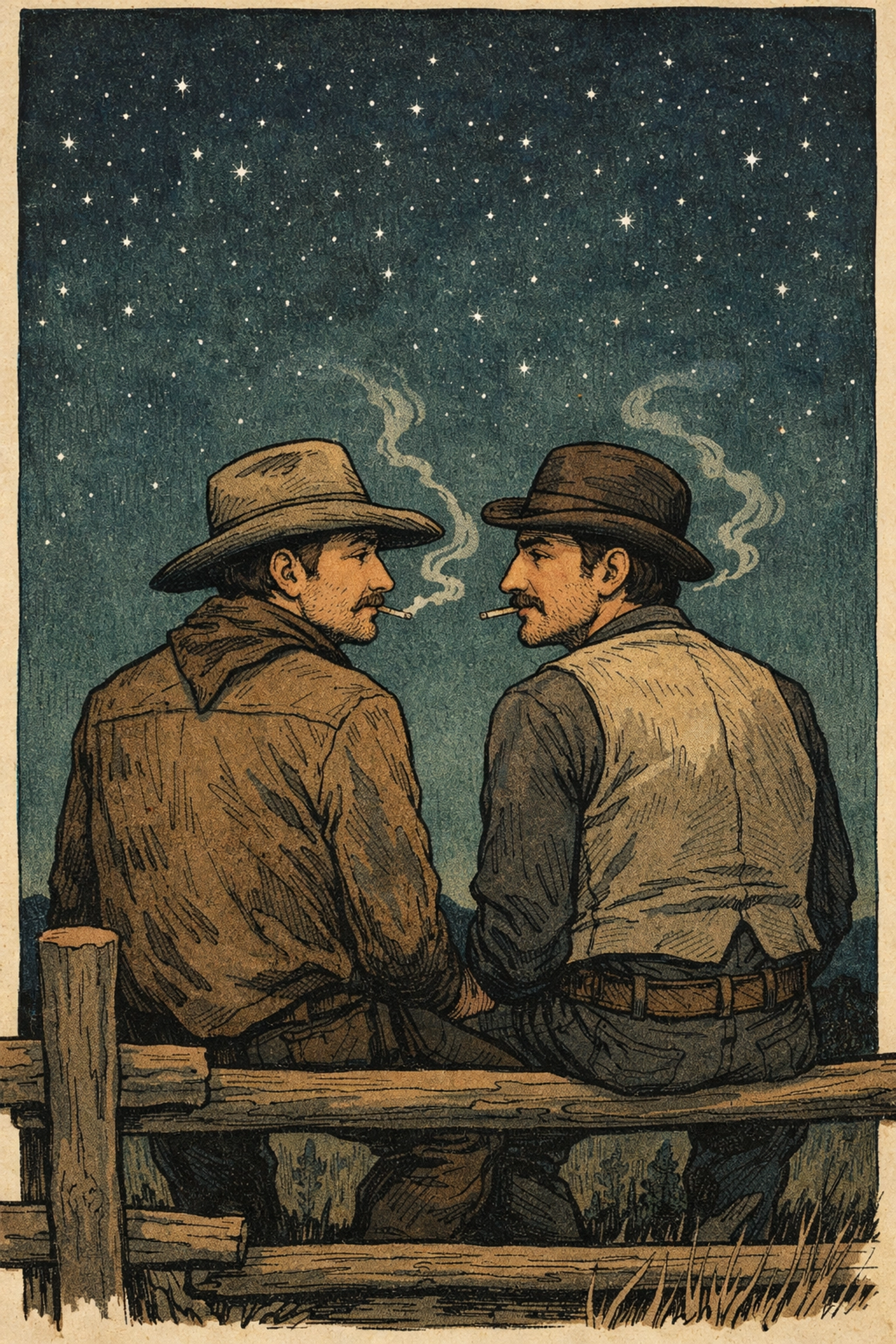 Two cowboys sitting close on fence under starlit Montana sky - decade-long secret romance