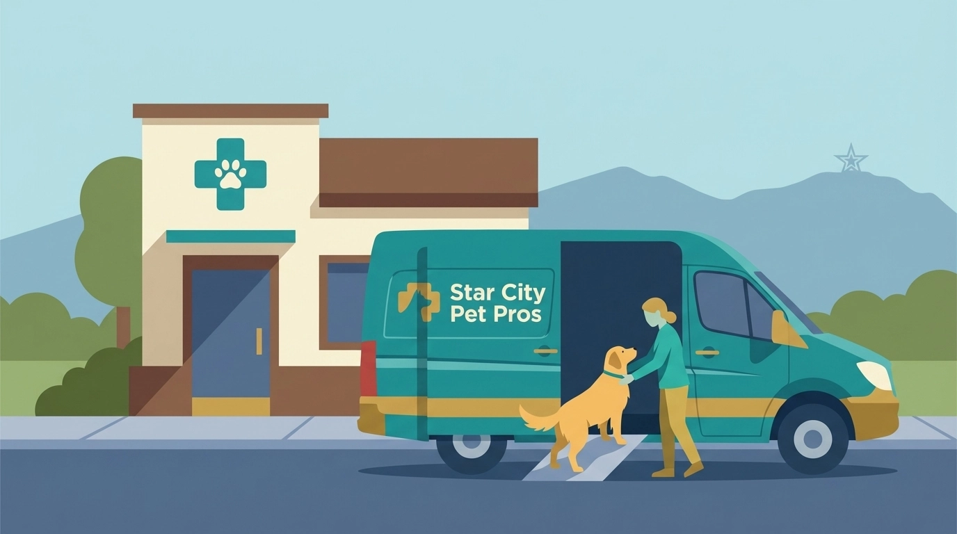 Pet transport van illustration at a local veterinary clinic in the Roanoke Valley by Star City Pet Pros