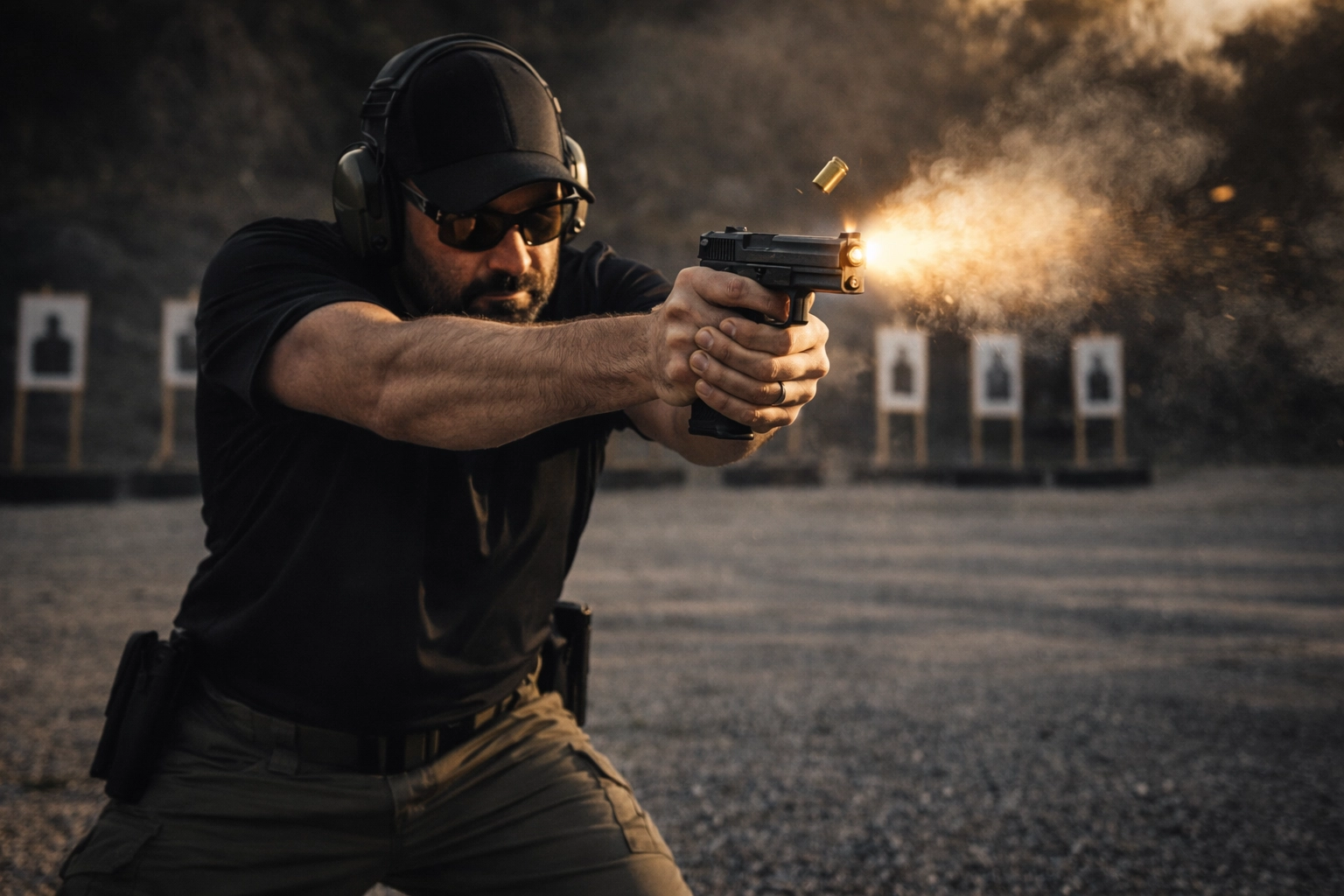 Shooter at the range maintaining stance and follow through after firing