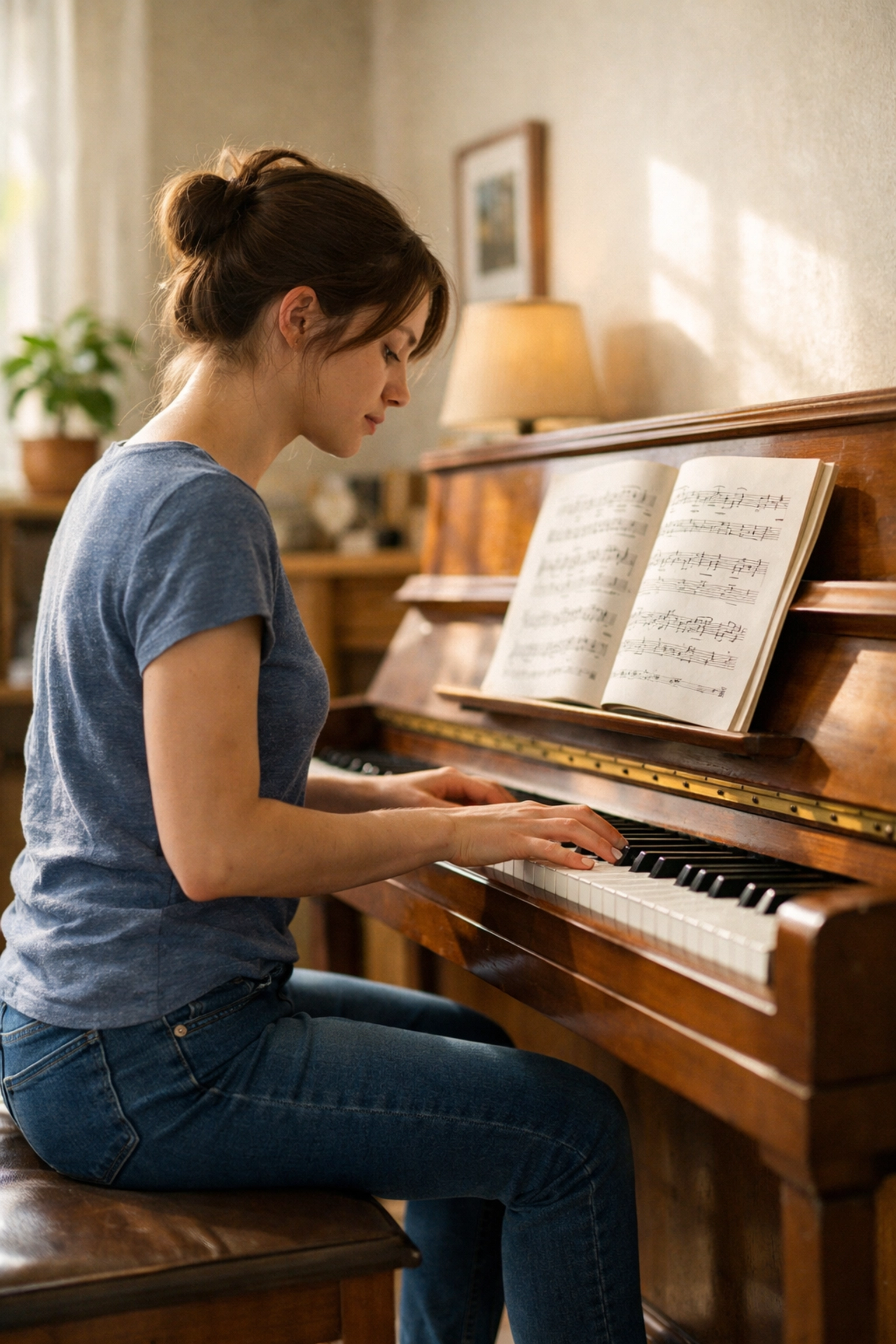 A student practicing at a sunlit upright piano at home in Tallahassee.