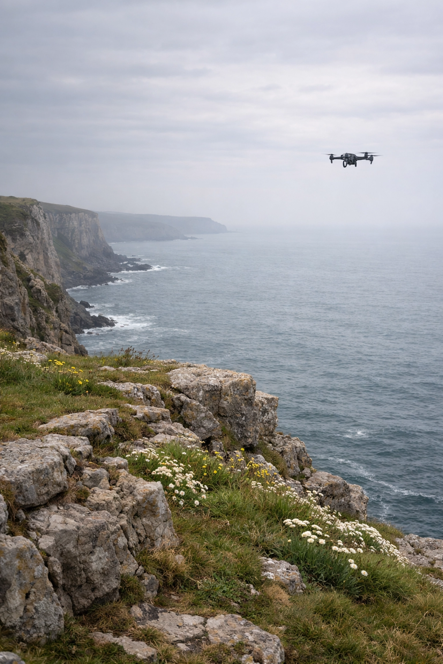 Aerial drone scattering ashes at sea from a majestic coastal cliffside for a respectful memorial service.