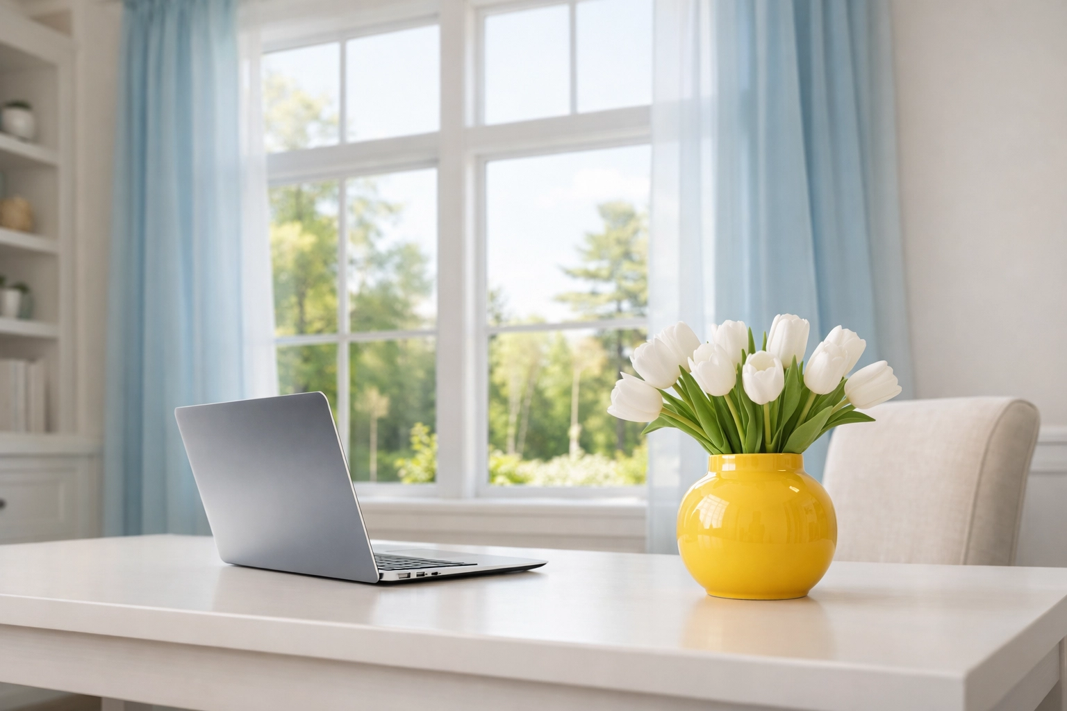 A clean Bedford home office with a minimalist desk, illustrating the stress-free benefits of house cleaning.