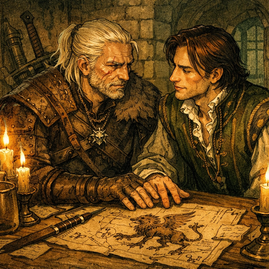 Witcher and nobleman share intimate moment planning griffin hunt by candlelight
