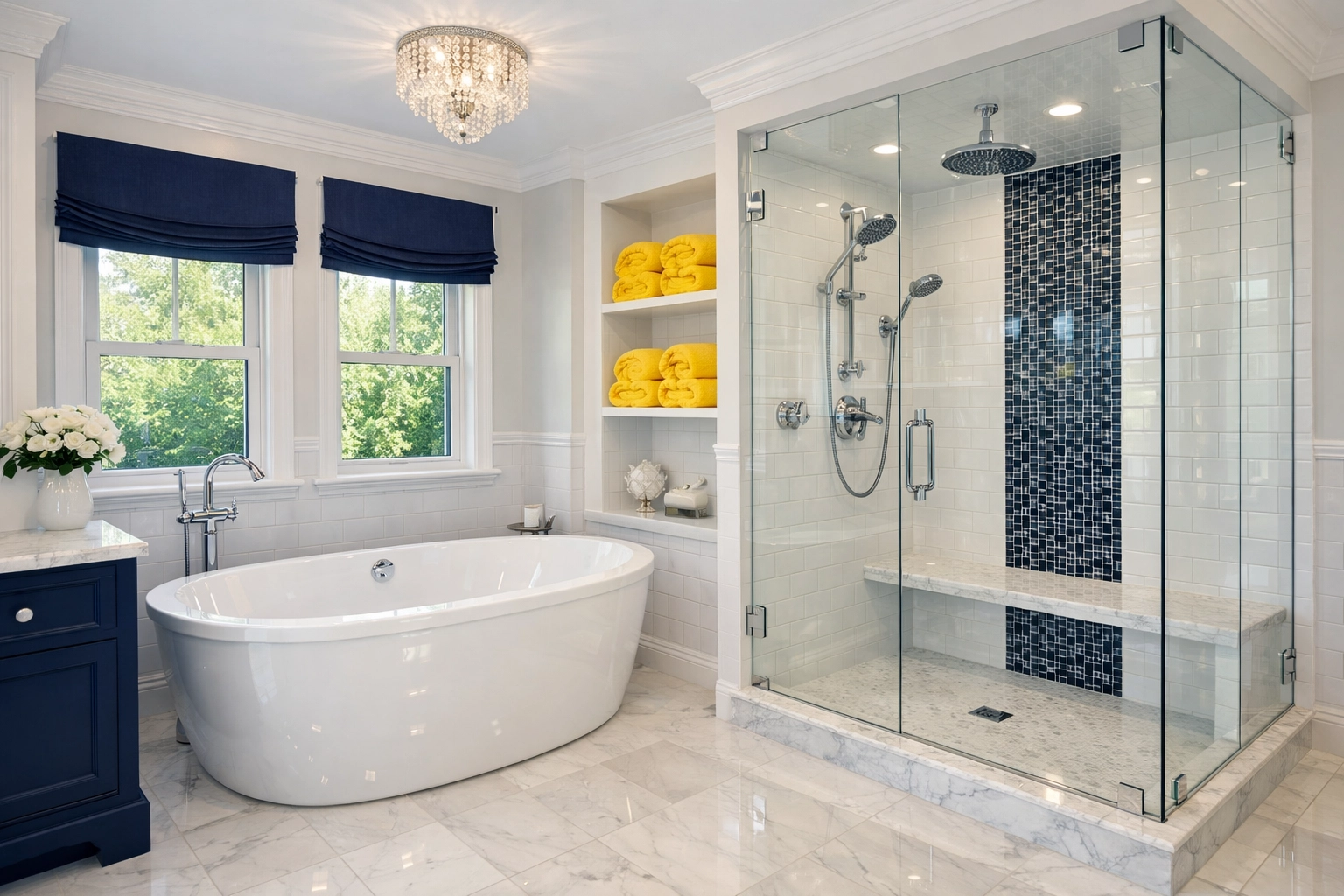 Luxury master bathroom with sparkling fixtures after a thorough deep cleaning service in Westford.
