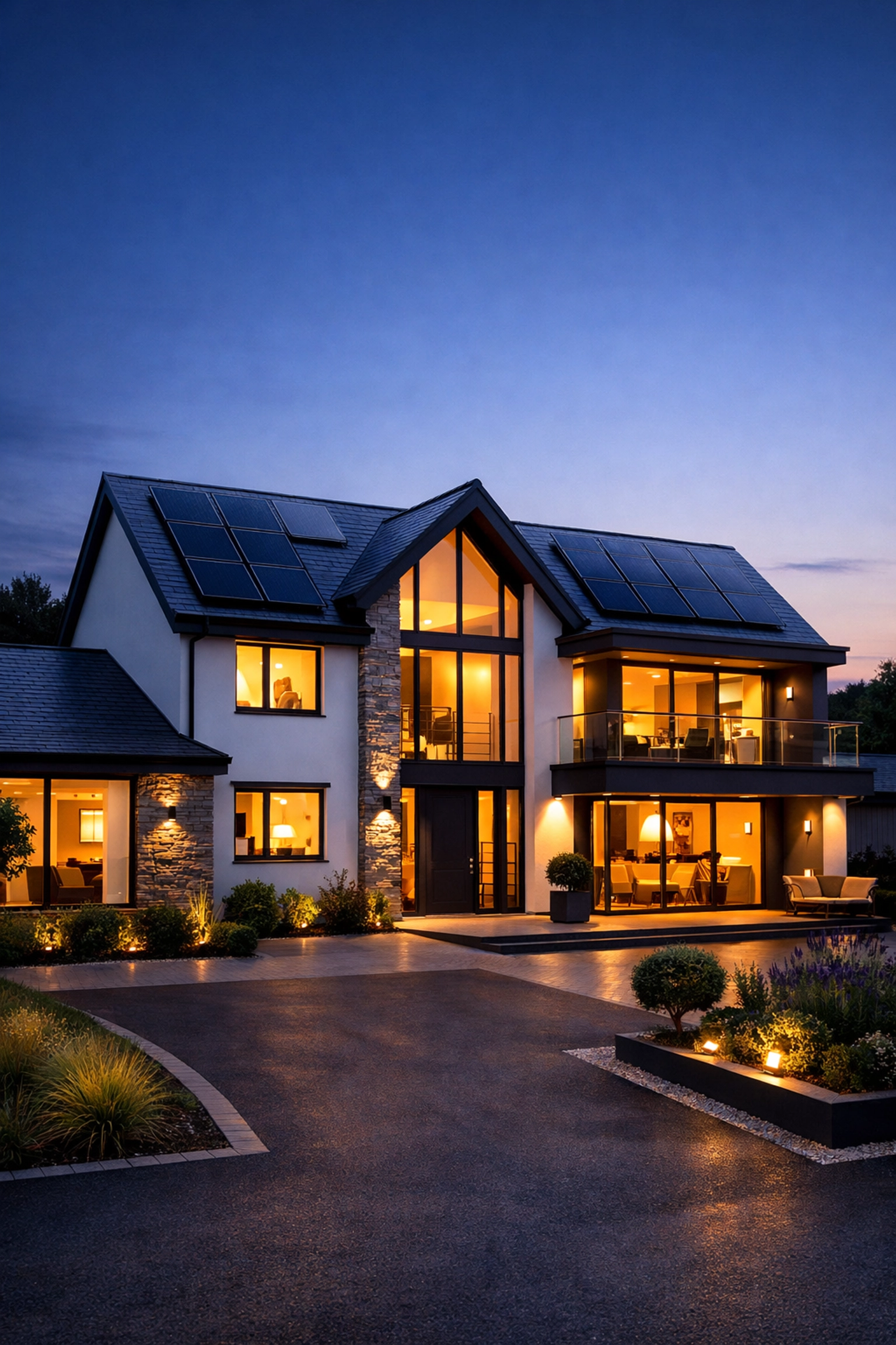 Modern UK home with rooftop solar panels providing renewable energy at twilight.