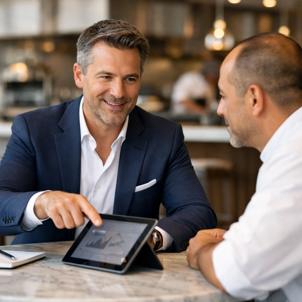 A fractional CTO discussing restaurant technology consulting strategy with an owner at an upscale restaurant.