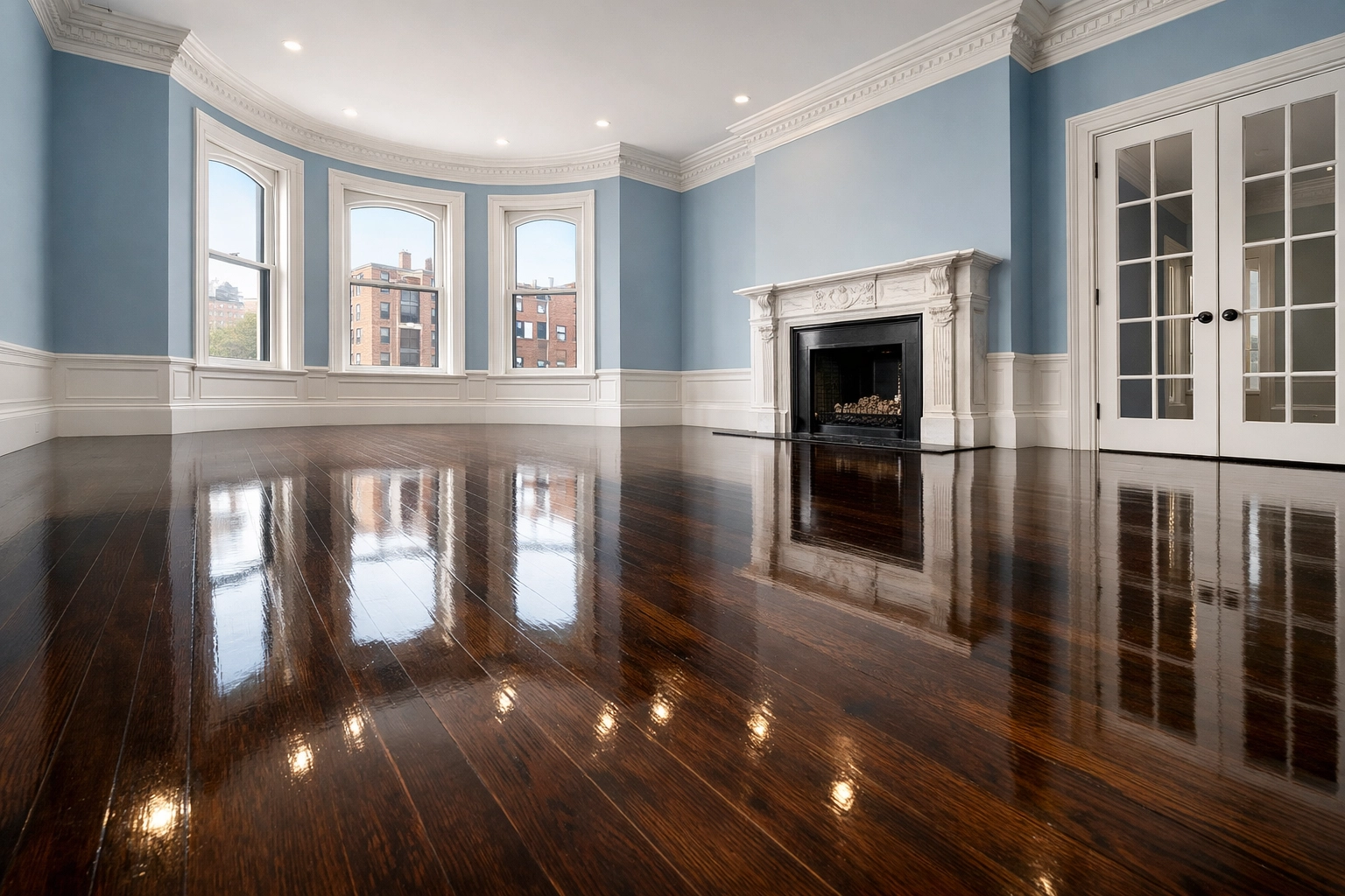 Shiny hardwood floors in an empty Boston brownstone after professional move-out cleaning services.