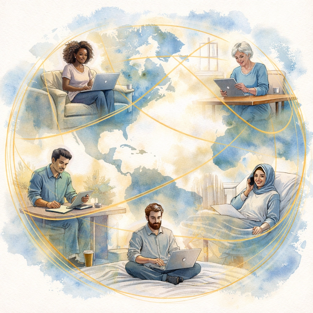 Diverse people connecting to online worship from home, illustrating Boundless Church's global faith community.