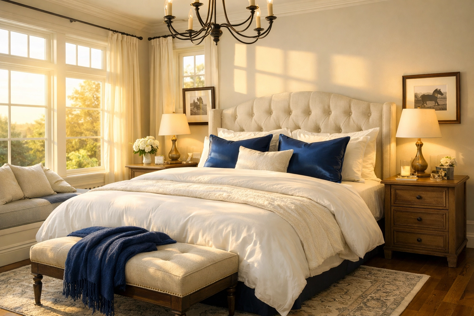 A dust-free, sunlit master bedroom sanctuary in Harvard MA after a professional deep clean for seniors.