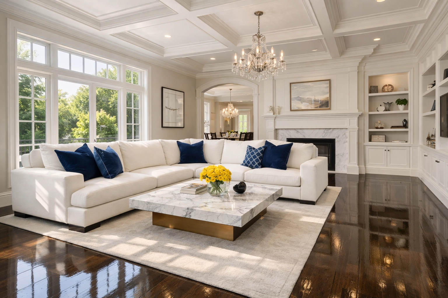 Pristine luxury living room in Wellesley showcasing professional residential cleaning services near me.