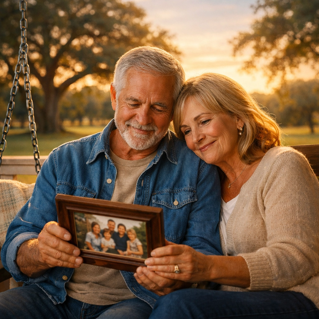 An Oklahoma couple on a porch swing discussing their family legacy and estate planning needs.