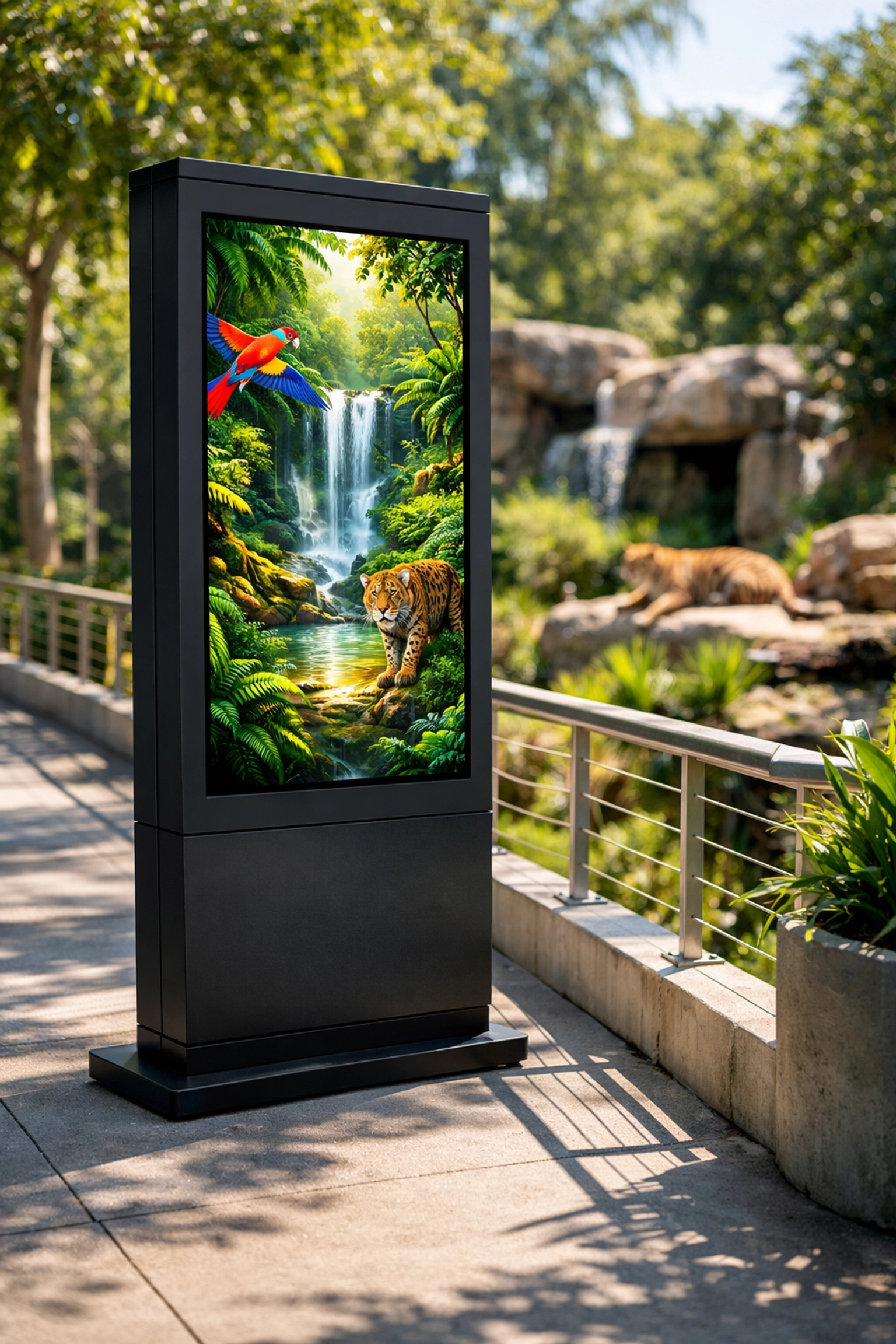Modern digital signage display in a zoo featuring eye-catching motion graphics for brand sponsorship.