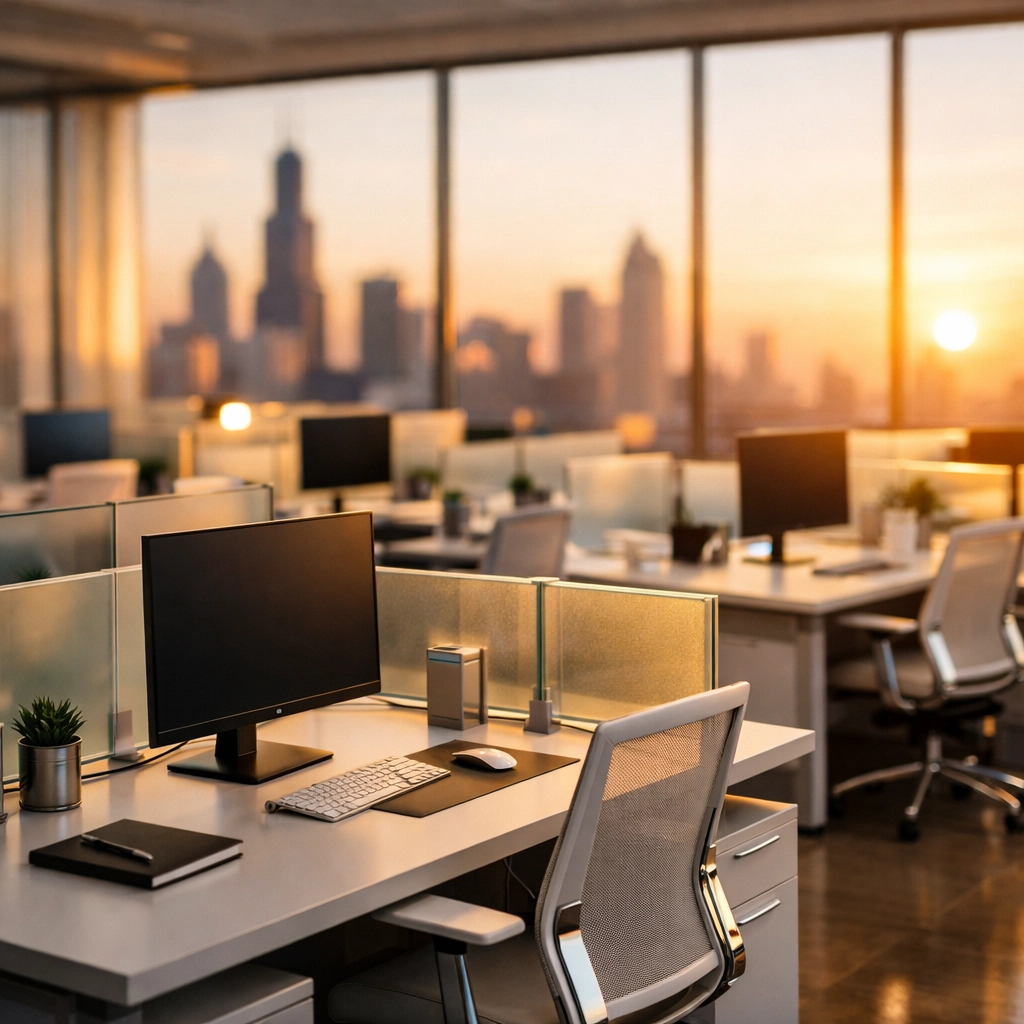 Clean modern open-plan office desks in a Chicago high-rise maintained by professional commercial janitorial services.
