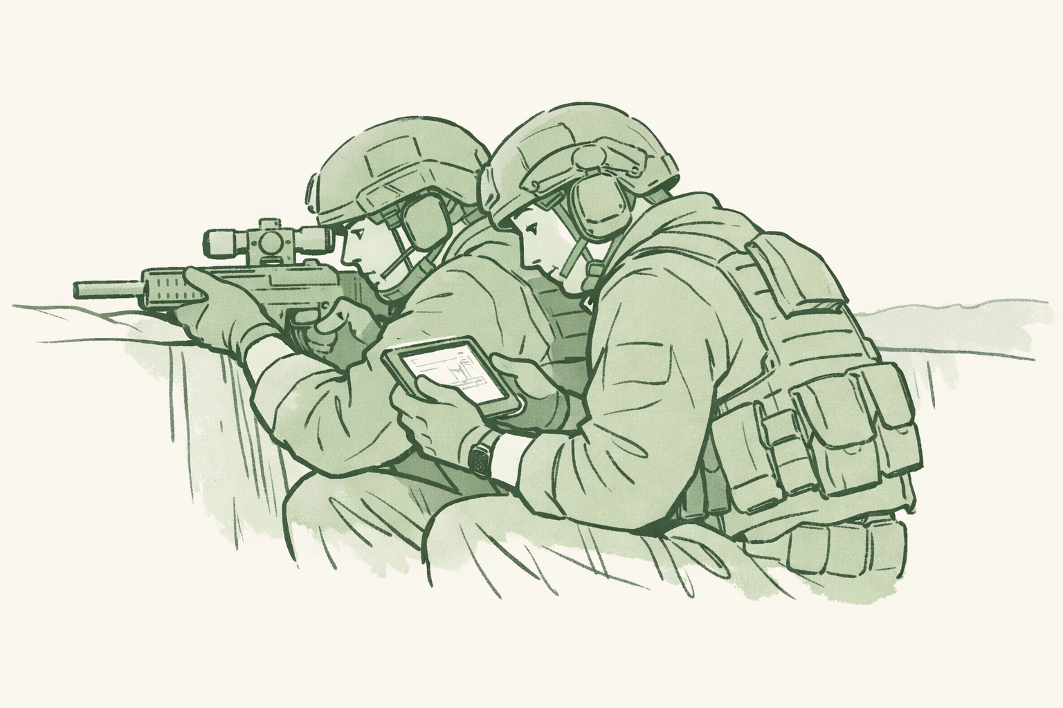 Sniper and spotter team in tactical gear showing trust and partnership in MM military thriller