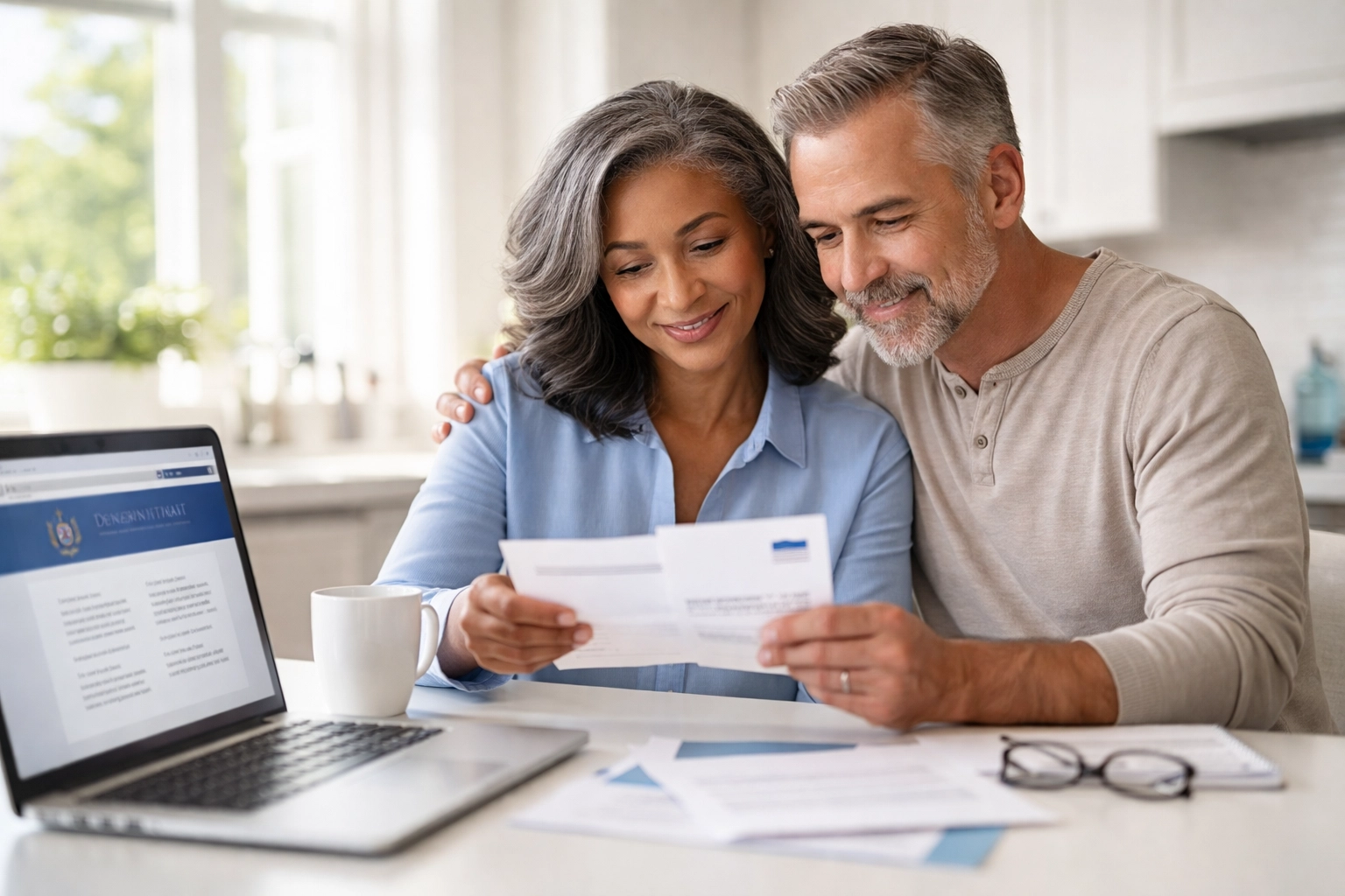 Middle-aged couple reviewing IRS mail and tax documents at a kitchen table for IP PIN application process