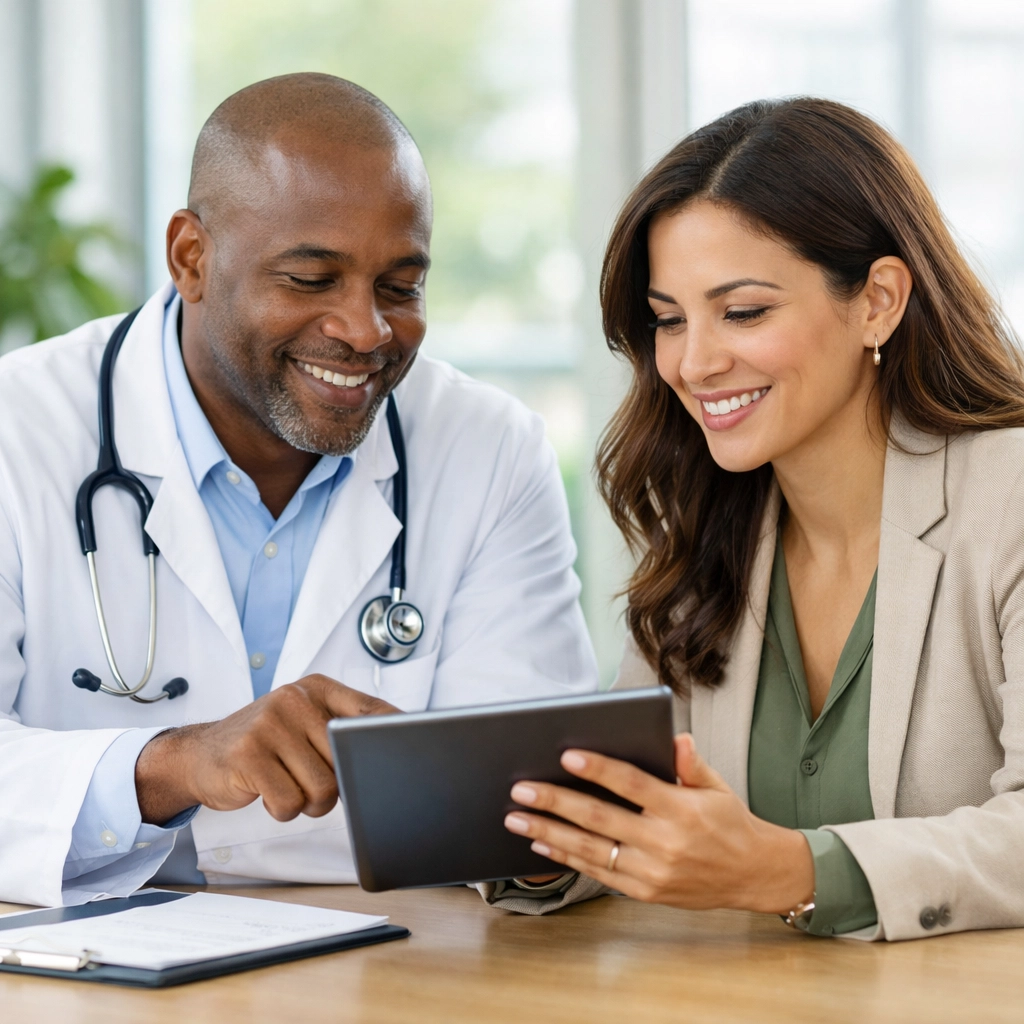 Diverse healthcare providers discussing a patient’s integrated care plan in a bright office.