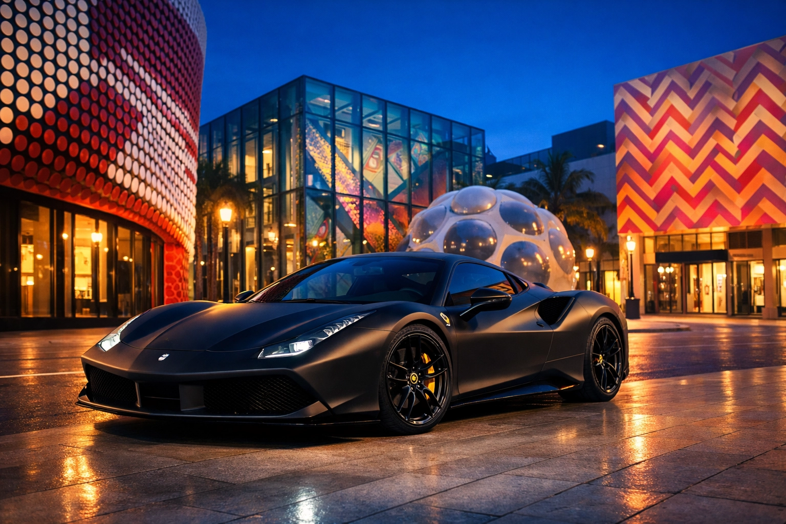 Luxury car commercial photography in the Miami Design District during blue hour lighting.