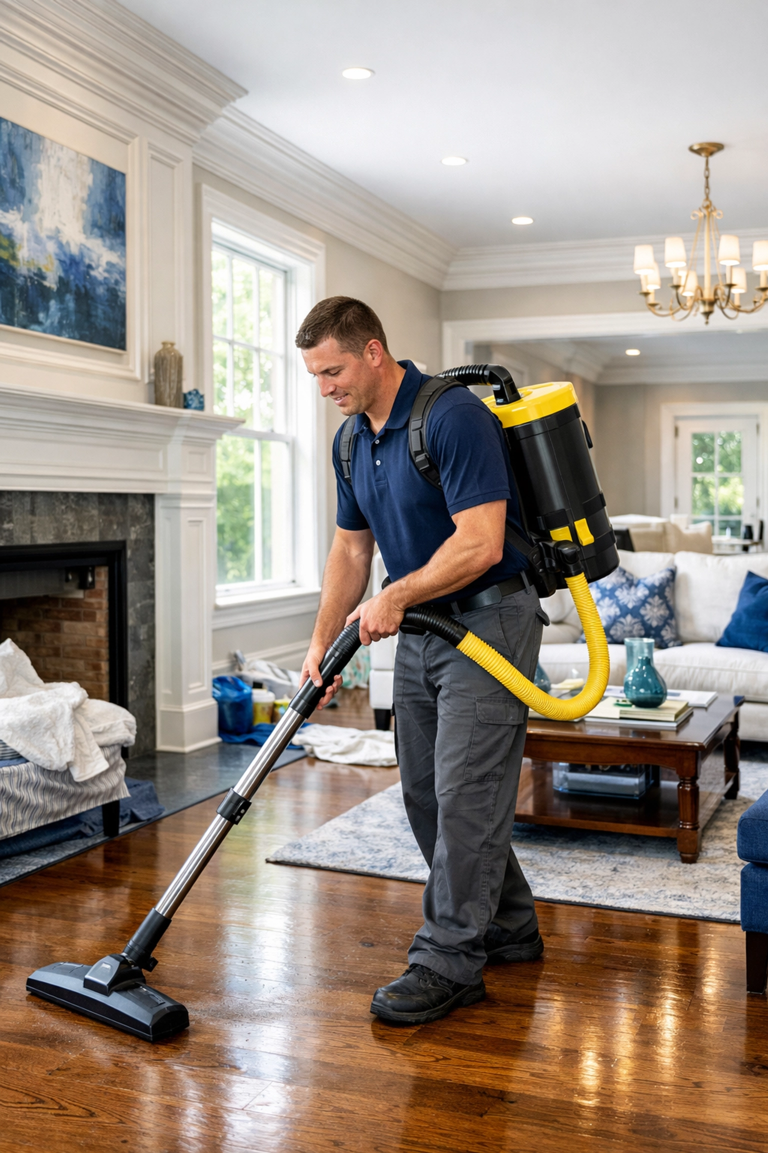 Professional cleaner performing post construction cleaning Southborough in a luxury renovated living room.