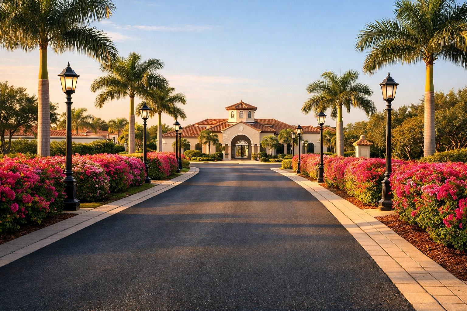 Well-maintained street and clubhouse in a Cape Coral gated community managed by HOA and CDD fees.