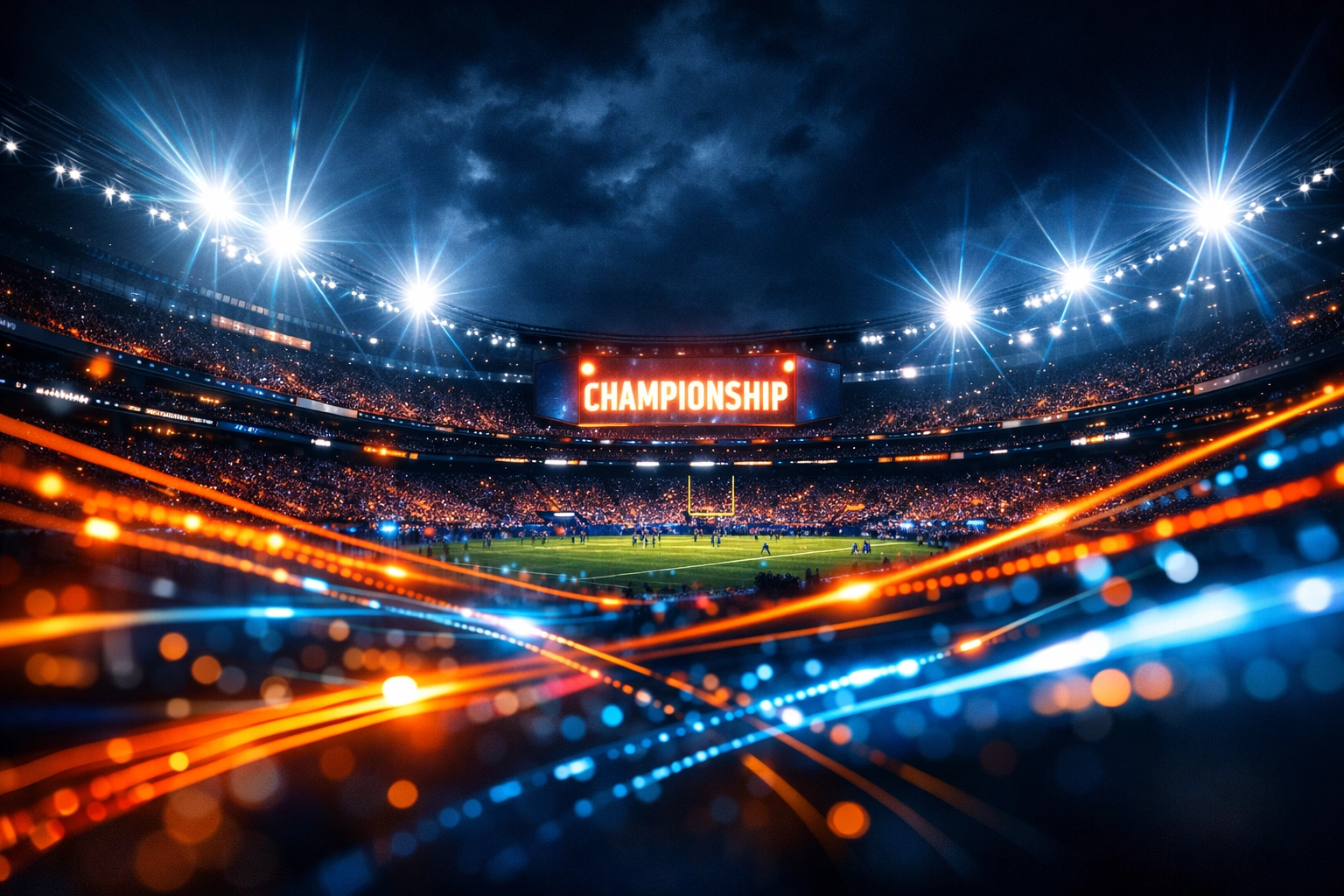 Digital data streams over a glowing football stadium representing Super Bowl 2026 digital marketing networks.