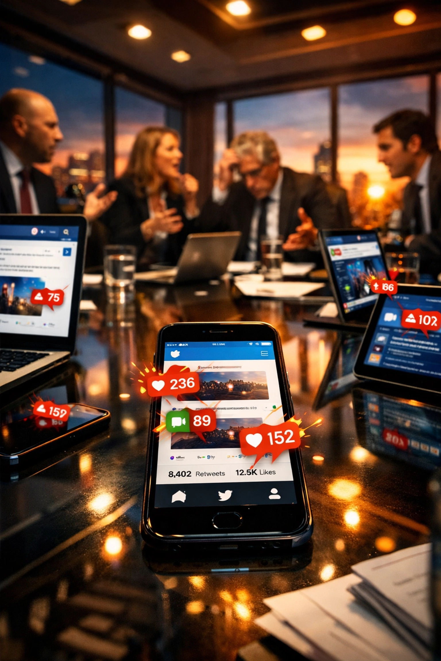 Corporate executives managing crisis communications in real-time with social media monitoring