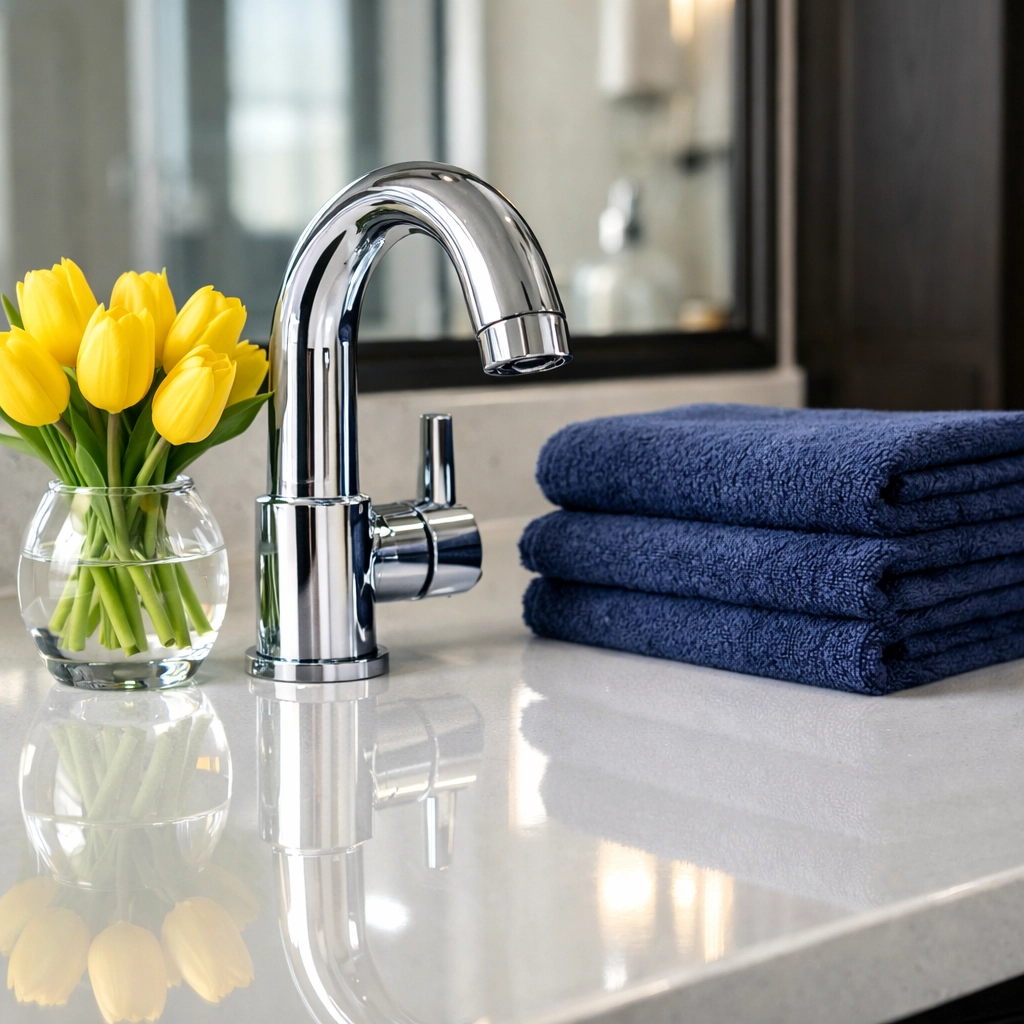 Sparkling clean bathroom vanity and quartz countertop after a professional Leominster house cleaning.