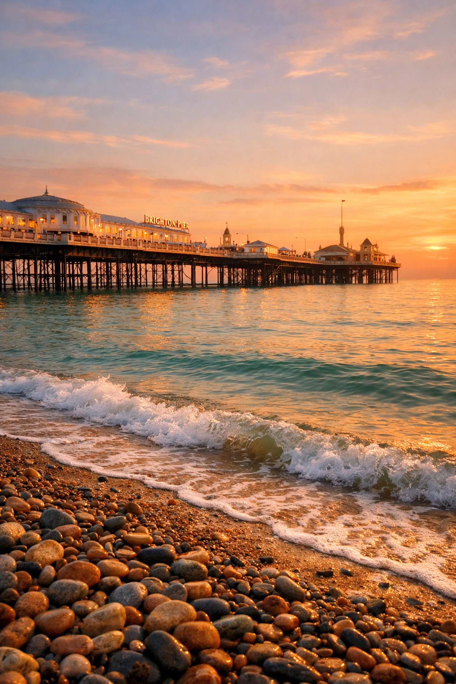 Brighton Beach Palace Pier at sunset, a peaceful location for ash scattering ceremonies
