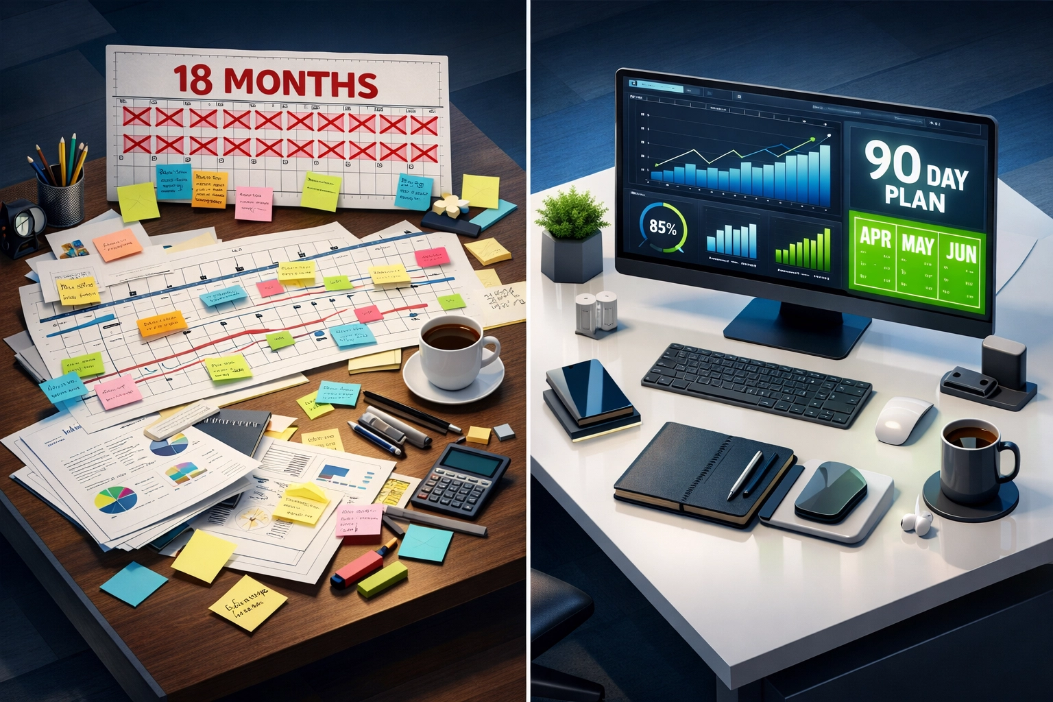 Traditional 18-month ServiceNow implementation vs rapid 90-day ROI approach comparison