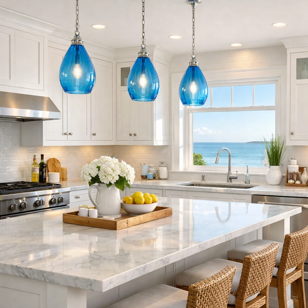 Spotless vacation rental kitchen in East Dennis, MA, with gleaming marble countertops and ocean views.