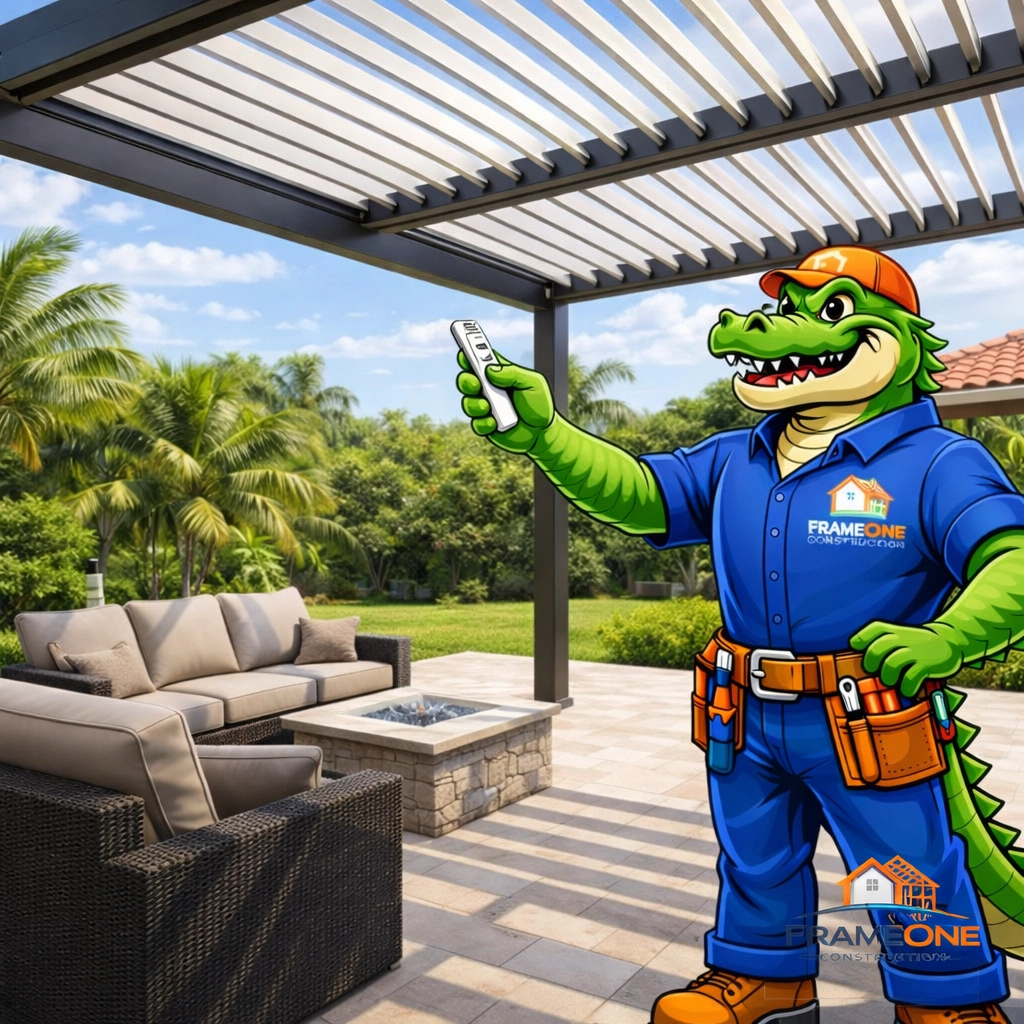 Al E. Gator using a remote to adjust a motorized louvered pergola roof for shade on a luxury patio.