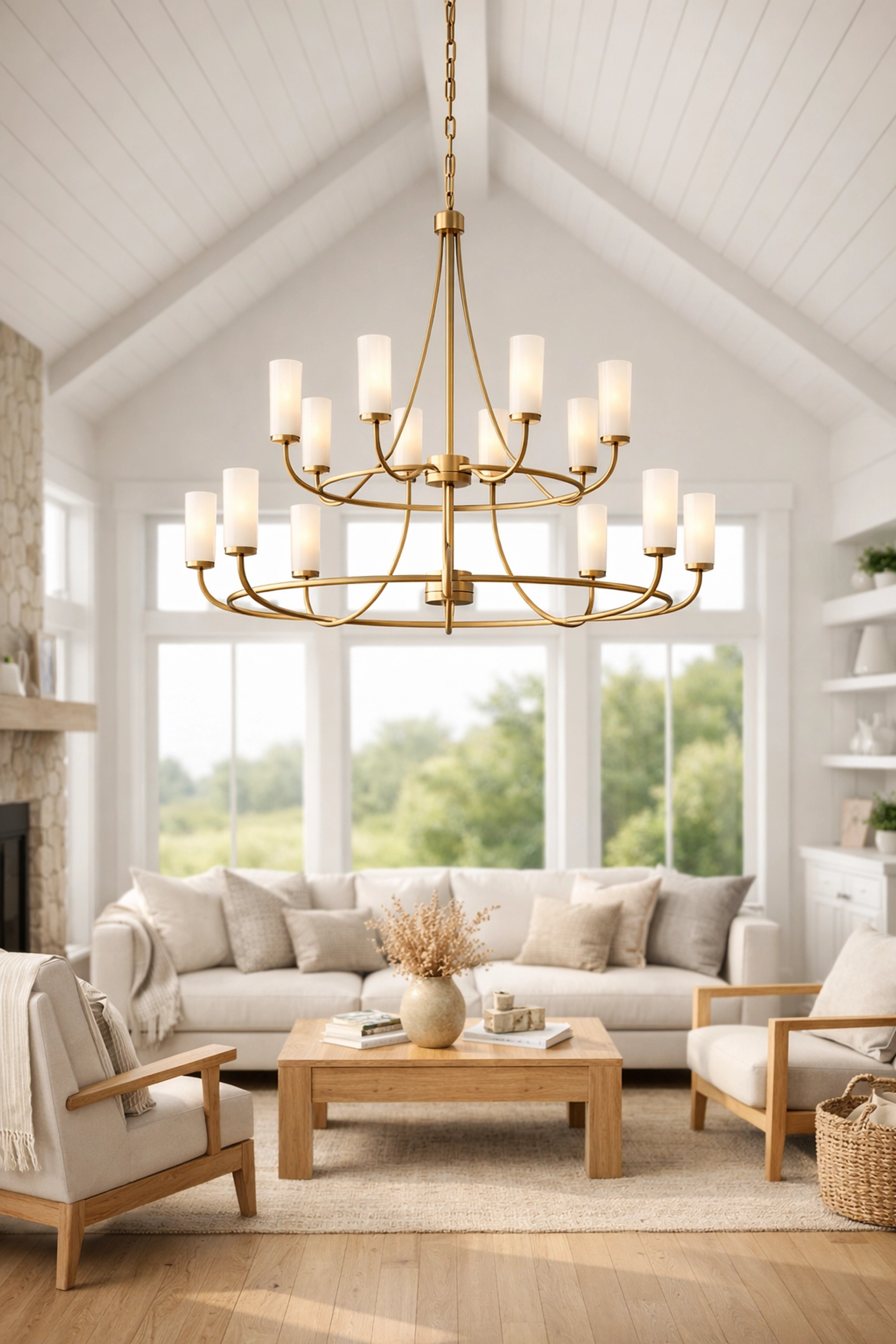 Modern Maine living room featuring a sleek chandelier installed by Best of the 207 electrician.