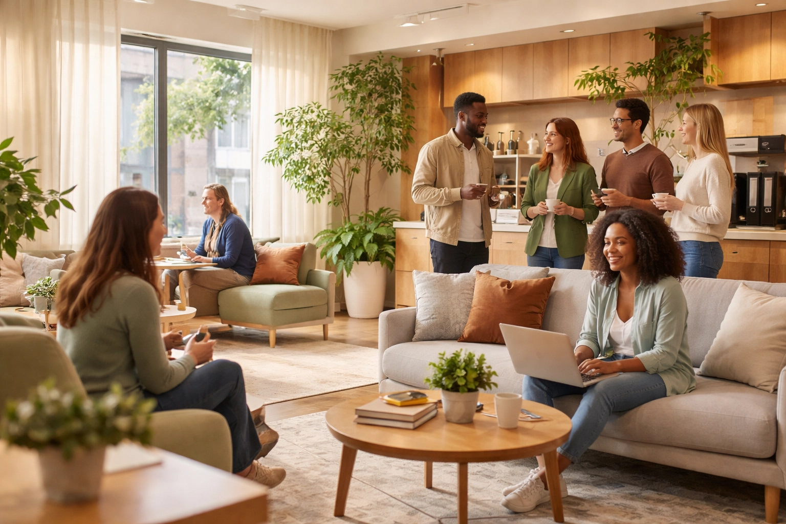 A welcoming office space with diverse coworkers, illustrating an affirming and transgender inclusive workplace.